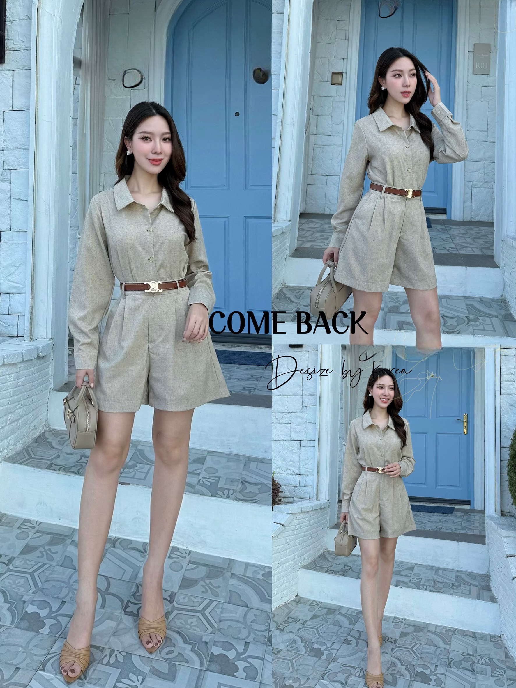 Set เสื้อ เชิ้ตแขนยาว + กางเกง ขาสั้น เอวสูง + เข็มขัด สวยคลาสสิกมากๆ ให้ลุคที่สวยเก๋ทันสมัยสามารถใส่ได้ใน Everyday แนะนำมากๆเลยนะคะ