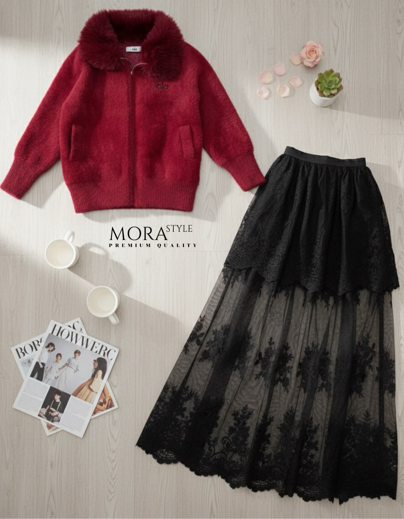 เซ็ต 2 ชิ้น เสื้อแขนยาวแต่งขนเฟอร์ช่วงคอ ขนฟูนุ่มงานสวย ผ้าใส่สบาย มาพร้อมกับกระโปรง แต่งซีทรูลูกไม้ 2 ชั้น งานสวยมากกก งานใส่สบาย