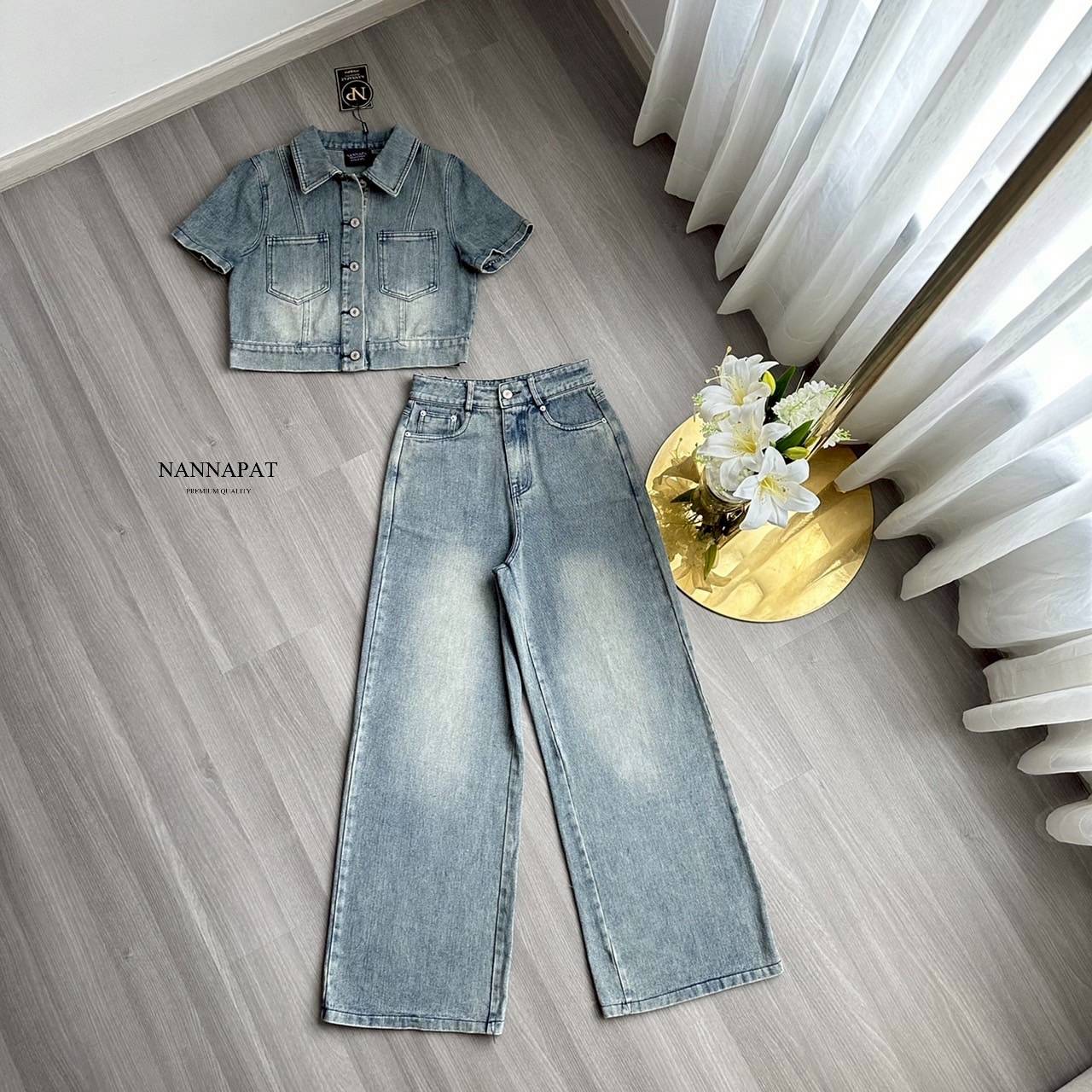 set ยีนส์แท้ฟอกซีดโครตดี เสื้อดีไซน์เก๋ +กางเกงทรงสวยมาก