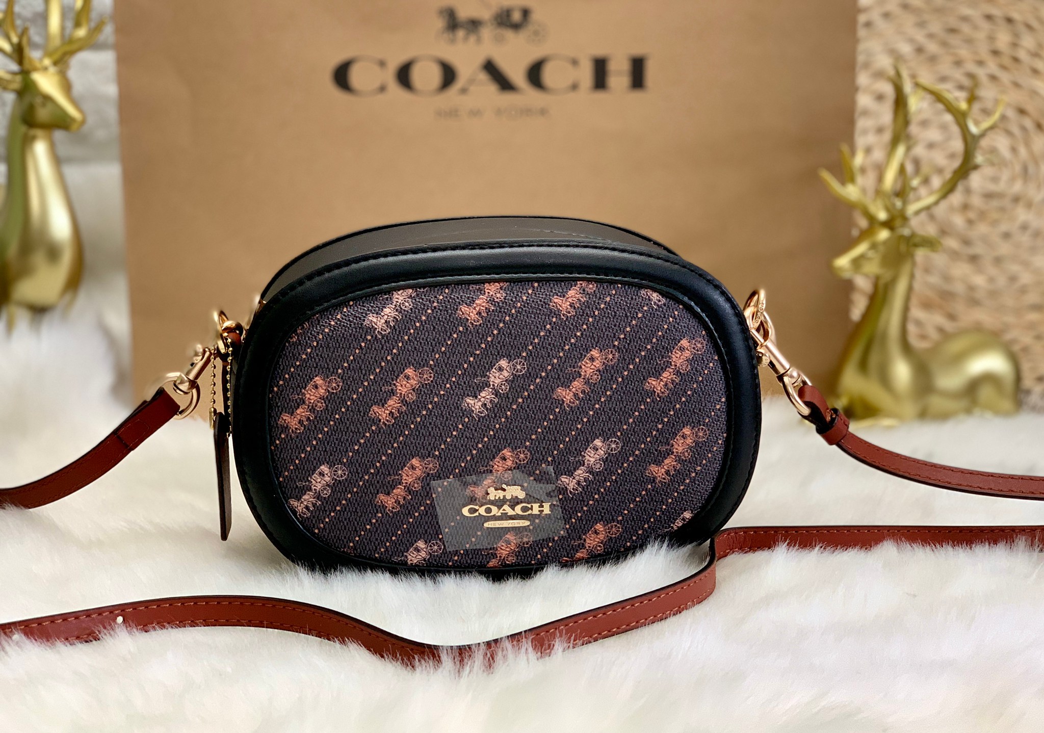 กระเป๋าสะพายทรงกล่องกลมไฮโซน่ารักเก๋ๆ แบรนด์เนมโค้ชสีดำลายรถม้า COACH CAMERA BAG WITH HORSE AND CARRIAGE DOT PRINT ((C4057))