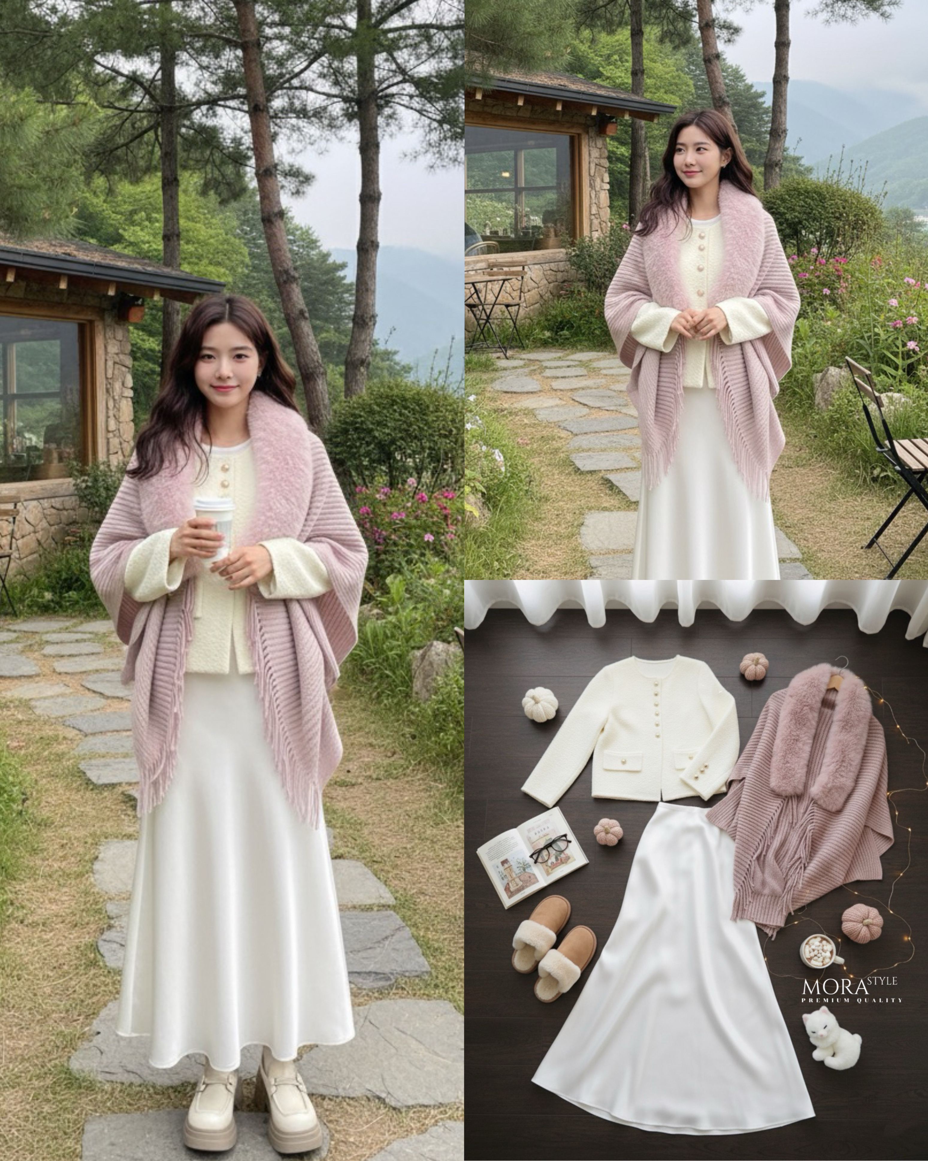 เซ็ต 3 ชิ้น เสื้อคลุมแขนยาว แต่งกระดุมด้านหน้า มีผ้าคลุมไหล่แต่งขนเฟอร์ให้ 1 ผืน มาพร้อมกับ กระโปรงยาวผ้าลื่นทิ้งตัวใส่สบายใส่แมทช์สวยมากค่ะ