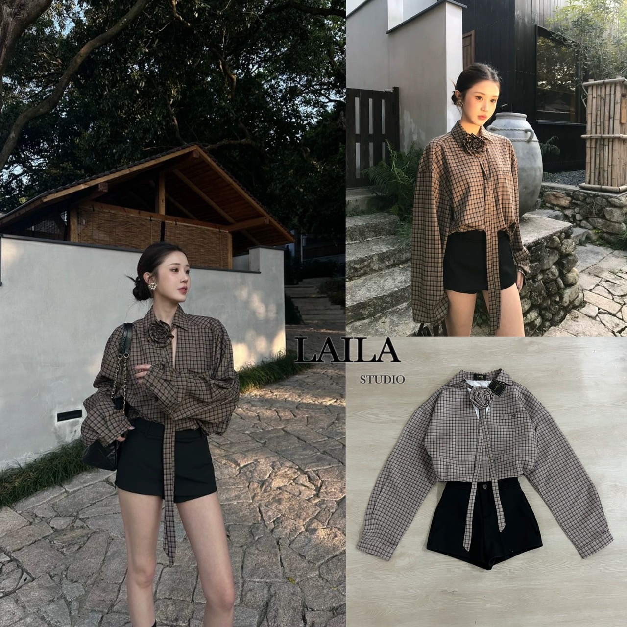 SETเสื้อ+กางเกง+ซ็อคเกอร์ เสื้อเชิ้ตคอปกแขนยาวงานโอเวอร์ไซร์ มาในโทนสีน้ำตาลลายตาราง ตัวเสื้อดีไซน์แต่งสายซ้อคเกอร์คล้องคอพร้อม้ข็มกลัดดอกไม้ลายเดียวกับตัวเสื้อ มาพร้อมกางเกงขาสั้นสีดำทรงเข้ารูป ลุคสวยเฟียสสวยนำเทรนส์ต้องลุคนี้เลยค่าา #lailabrand #กางเกงข
