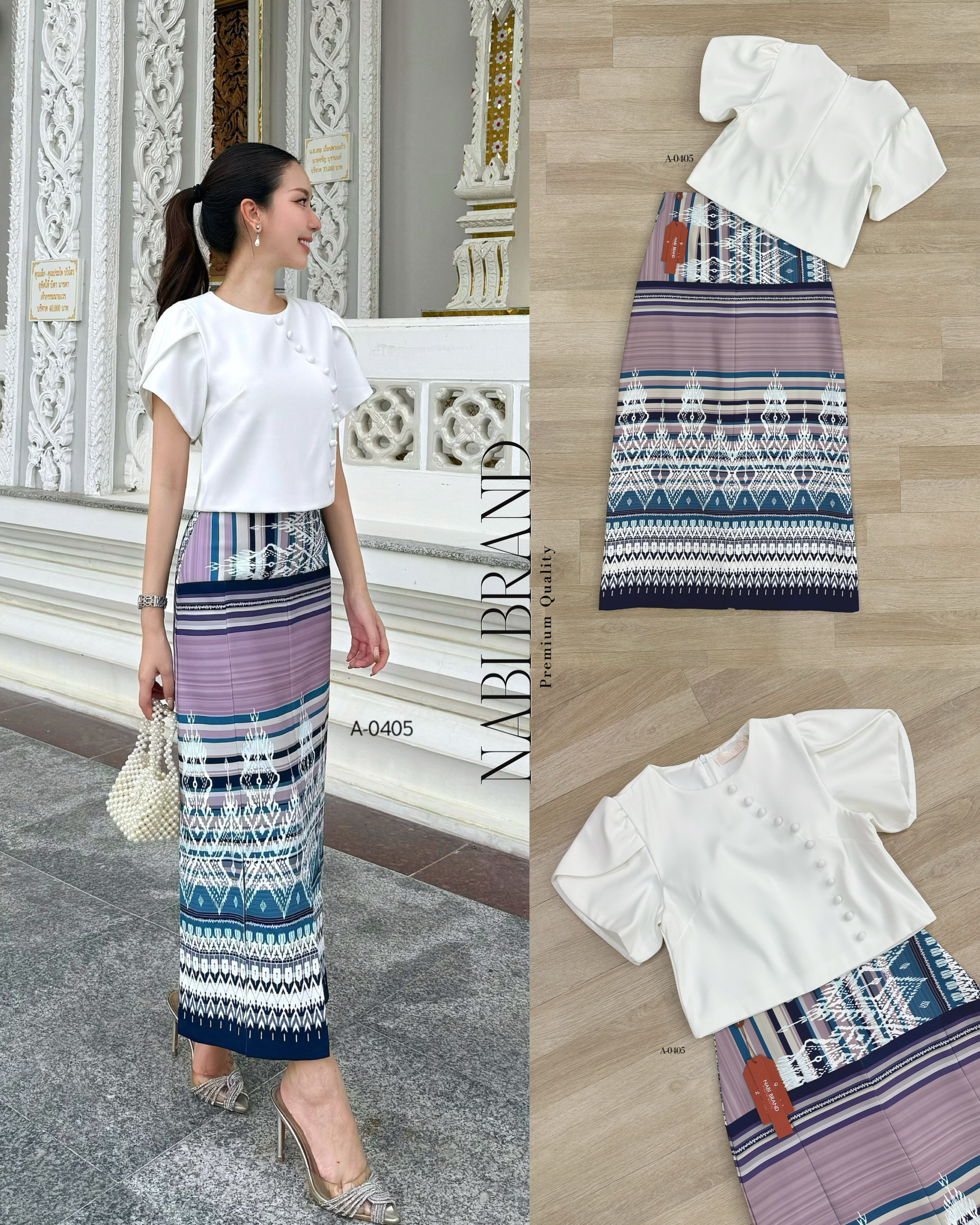 ชุดไทย คอลใหม่อย่างเลิศหรู ใครมองหาชุดไทยแบบใหม่ จัดมาได้เลยนะคะ🤍 ชุดเซท 2 ชิ้น เสื้อคอกลมแต่งกระดุมด้านหน้า ผ้าดี แต่งแขนกลีบบัว ทรงปล่อยๆ เข้าเซทกับกระโปรงพิมพ์ลายอย่างสวย แต่งผ่าหน้า เดินได้คล่องตัว ชุดมีซับในและฟองน้ำ งานซิบหลังทั้งเซท ใกล้วัน