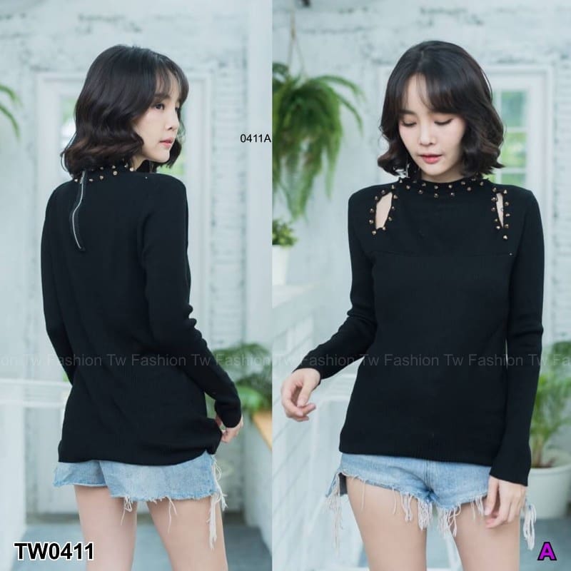เสื้อไหมพรมเจาะบ่าแต่งหมุดเซ็กซี่สไตล์เกาหลีKorea style-สีดำ