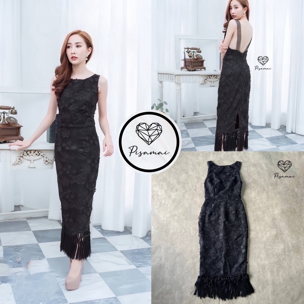 เดรสแขนกุดสีดำตัวยาวมาในงานผ้าลูกไม้ฉลุนูนสีดำ ด้านหลังเป็นทรงเปิดหลัง ช่วงชายแต่งพู่เส้น เทคเจอร์ผ้าสวยสวยมากๆค่า ต้องมีเลยค่า