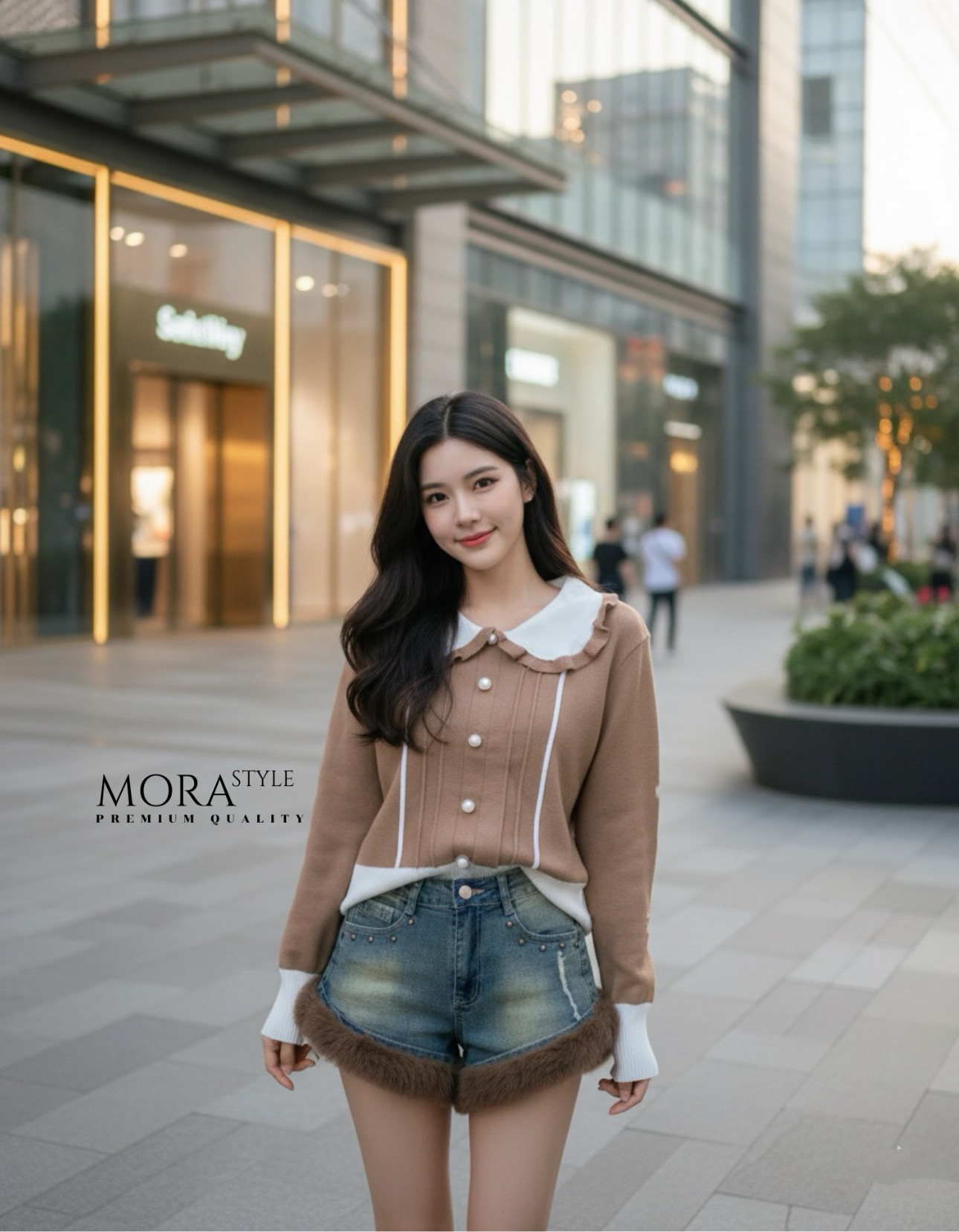 เซ็ต 2 ชิ้น เสื้อแขนยาวคอปกแต่งระบาย แต่งกระดุมด้านหน้า ผ้ายืดหยุ่นใส่สบาย มาพร้อมกับกางเกงยีนส์ขาสั้น ผ้ายืด เอวสูง มีขนฟรุ้งฟริ้งนุ่มๆๆๆฟูๆสีน้ำตาล ใส่แมตช์น่ารักมากค้าาา