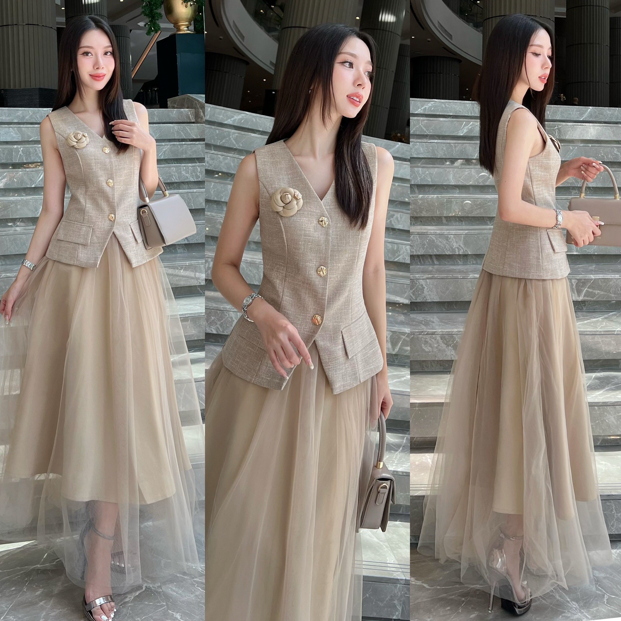 set 3 ชิ้น : เสื้อแขนกุด+กระโปรงมุ้งยาว+ เข็มกลัดดอกไม้