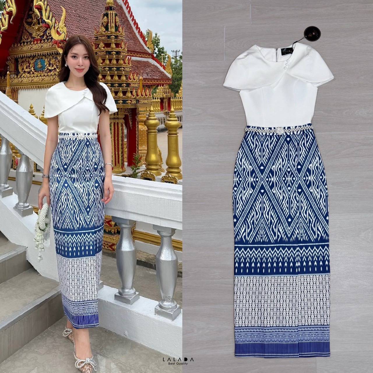🌸LALADA (ลลดา)🌸พร้อมส่ง 4 ไซส์ค่ะ #งามอย่างไทย #ชุดไทย •Detail : set 2 ชิ้น + เข็มขัดผ้าไทย ชุดไปทำบุญ ชุดไปงาน พร้อมส่งค่ะ เสื้อคอปก ช่วยพรางแขน งานซิปหลัง ช่วงอกเสริมฟองน้ำแมทช์กับผ้าถุงสำเร็จ ผ้าพิมพ์ลายโทนน้ำเงินมีซิบหลัง สวมใส่สะดวก เ