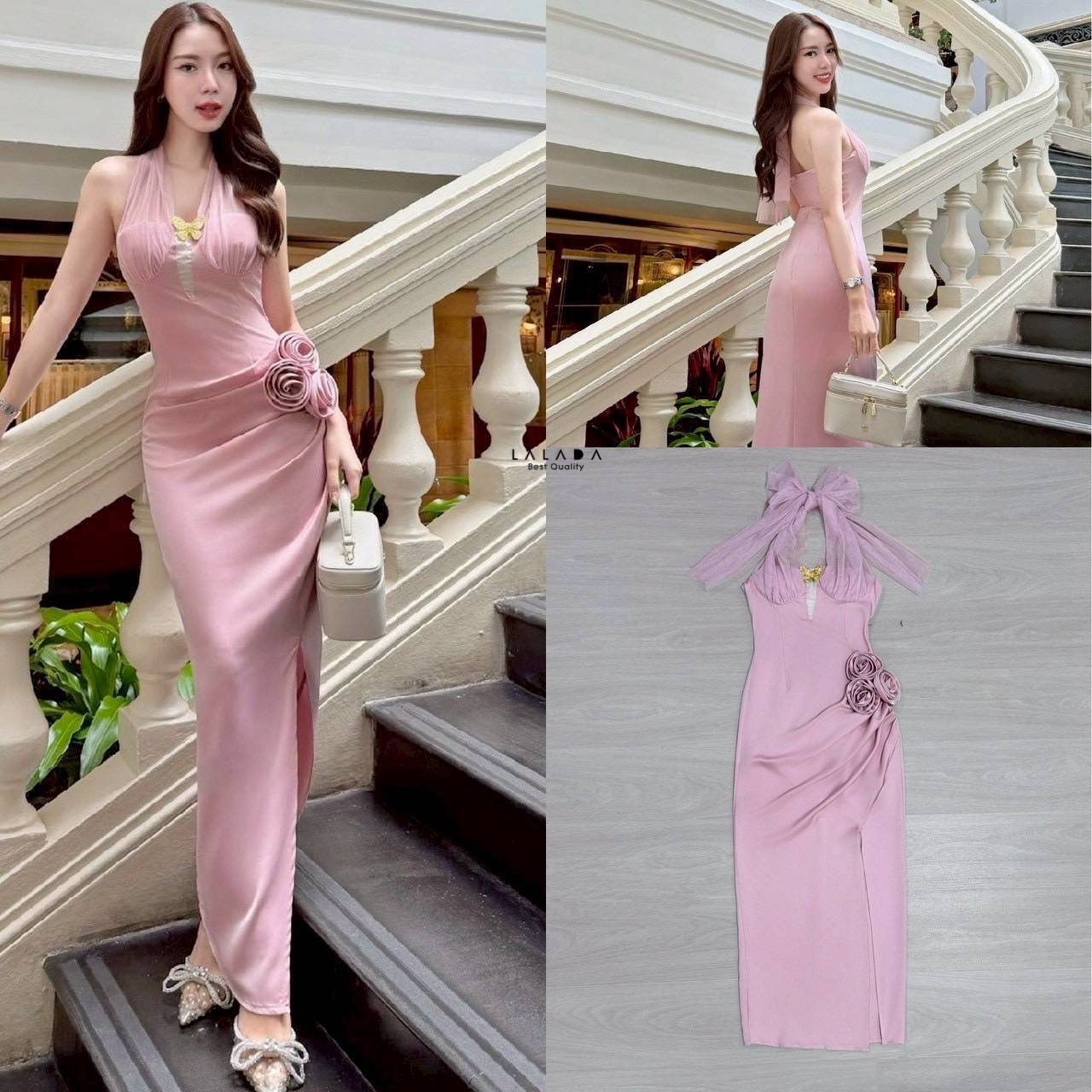 maxi dress เรียบหรู คล้องคอช่วงอกแต่งผ้าซีทรู เสริมฟองน้ำ + เข็มกลัดติดได้ตามใจชอบ แต่งดอกไม้ช่วงเอว ผ่าหน้า งานซิปหลัง ตัดเย็บอย่างดี การันตีเลยค่ะ แนะนำเลยค่ะพี่ๆ