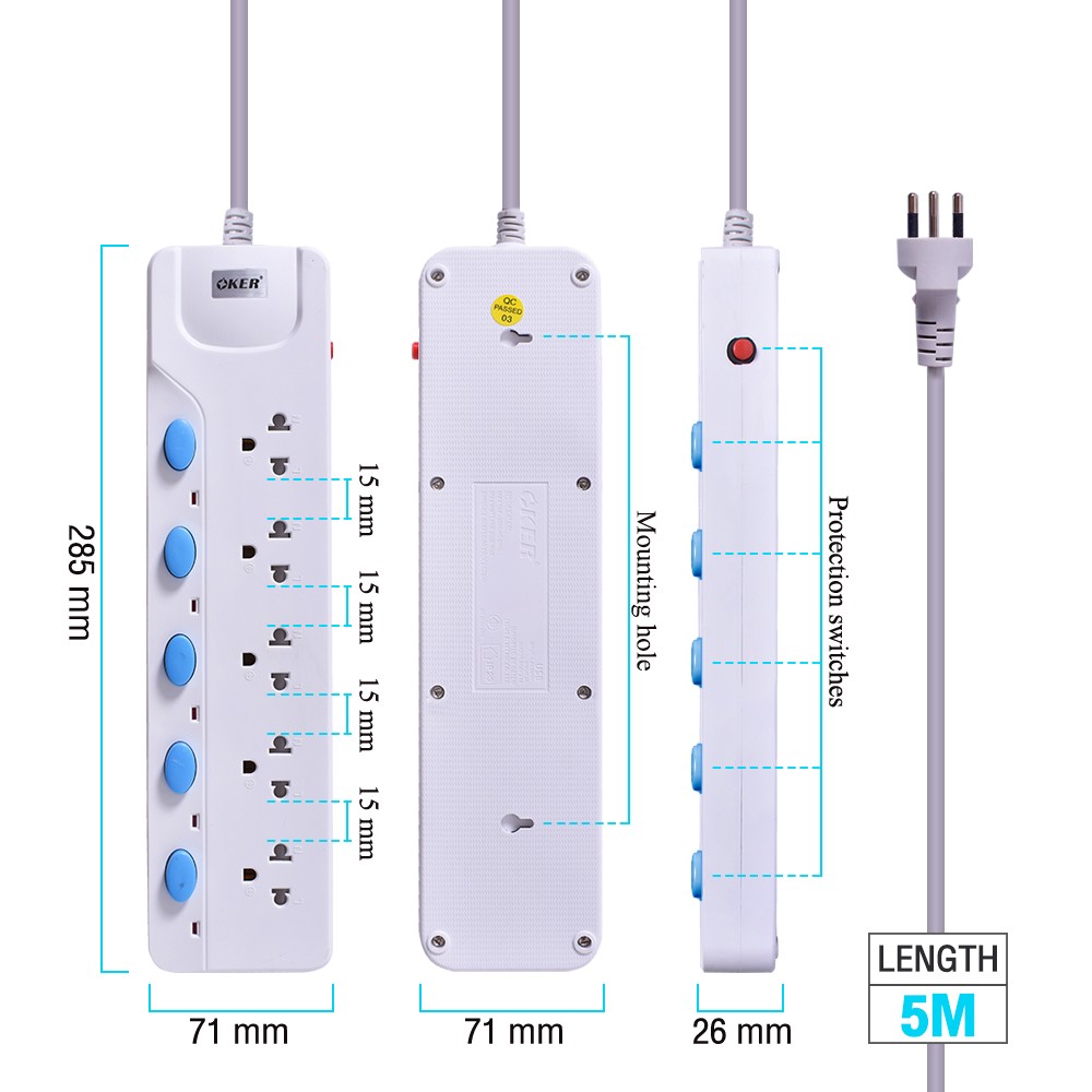Oker PC-8525/5M Oker ปลั๊กไฟ 5เต้า 5สวิทย์ มาตราฐาน มอก. PC-8525 5 เมตร PG-OK-05-8525W