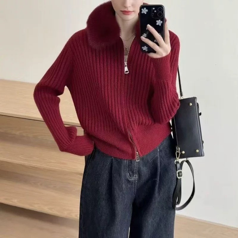 เสื้อสเวตเตอร์ขนสัตว์คอปกฟู ซิปคู่เก๋ไก๋และสวมใส่สบาย