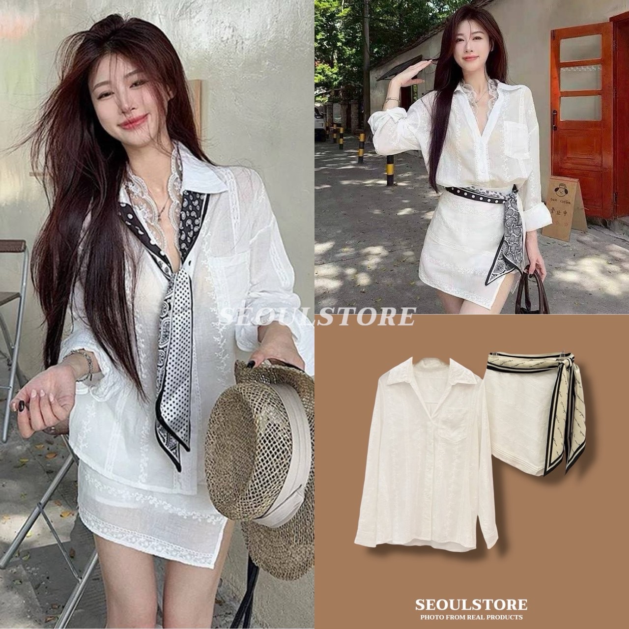 Set 3 ชิ้น เสื้อเชิ้ตแขนยาวลายลูกไม้ปกแต่งริมลูกไม้ มีกระเป๋า + ผ้าผูกเอว+กางเกงกระโปรงป้าย ซิปรูดข้าง เอวด้านหลังสม็อค