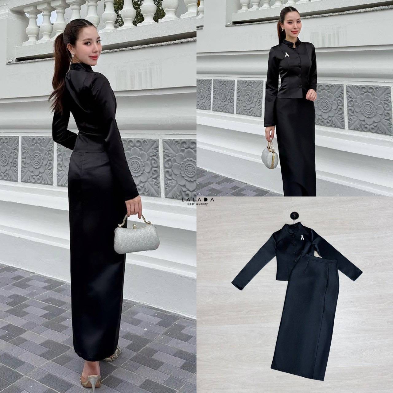 ชุดไทยจิตรลดาสีดำ แขนยาว คอปีนกระดุมหน้าสวยหรูตัดเย็บปราณีตแมทช์กับผ้าถุงสำเร็จรูป งานซิปหลัง + เข็มกลัดเพชร