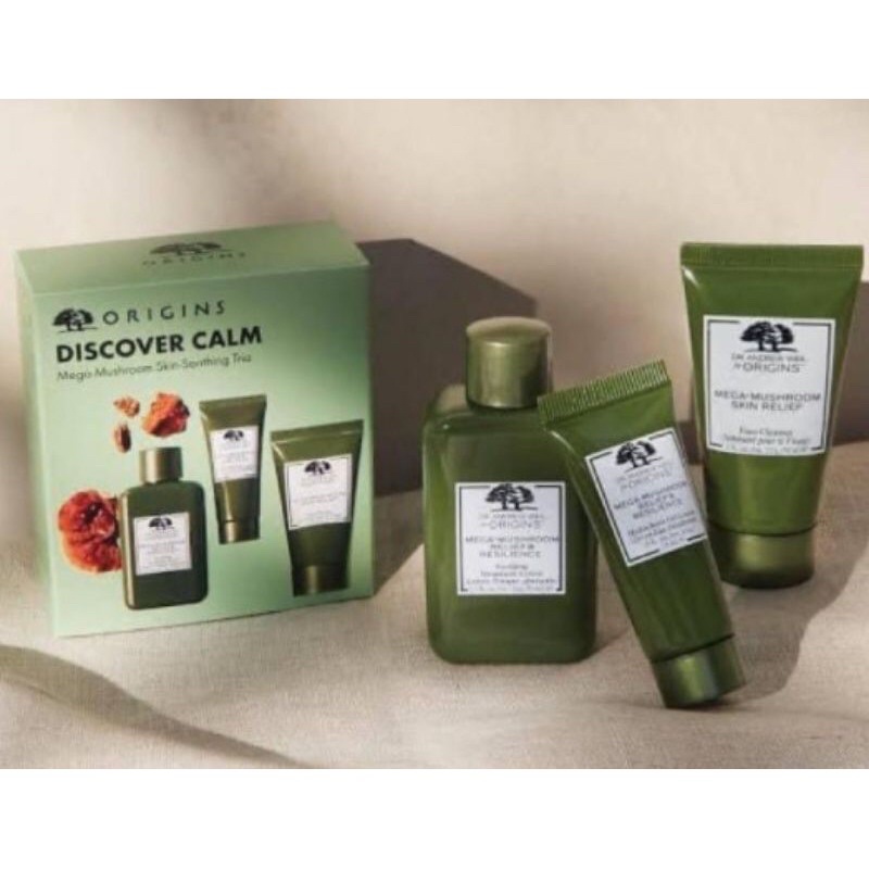 Origins Discover Calm Set 3 ชิ้น ชุดเซ็ทฟื้นบำรุงผิวให้แข็งแรงแลดูสุขภาพดีจากผลิตภัณฑ์กลุ่ม Mega-Mushroom