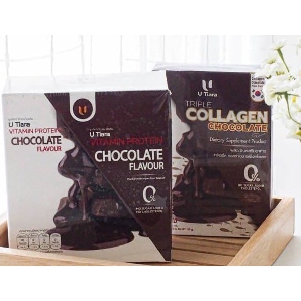 U TIARA PROTEIN CHOCOLATE FLAVOUR ยูเทียร่า โปรตีน รสช็อกโกแลต 1 กล่อง มี 7 ซอง แถมฟรี ทริปเปิ้ล คอลลาเจนรสขอคโกแลต