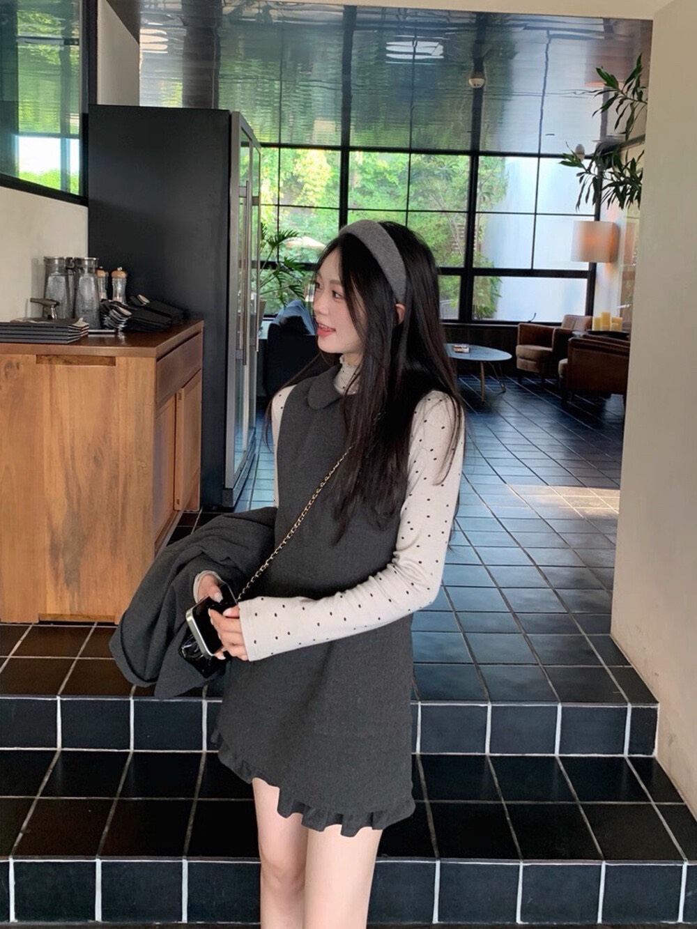 MAYA SHOP 5085# Set 2 pcs เสื้อแขนยาว ลาย polka dot + เดรสแขนกุด คอบัว งานซิปหลัง เนื้อผ้าดี มีซับใน งานสวย