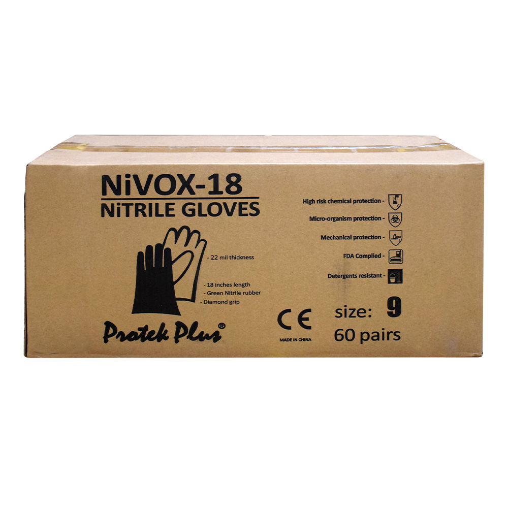 NIVOX-18 INCHES ถุงมือยางไนไตรล์เขียว ยาว 18 นิ้ว หนา 22 มิล (0.56 มม.) ไร้รอยต่อ กันสารเคมีรุนแรง