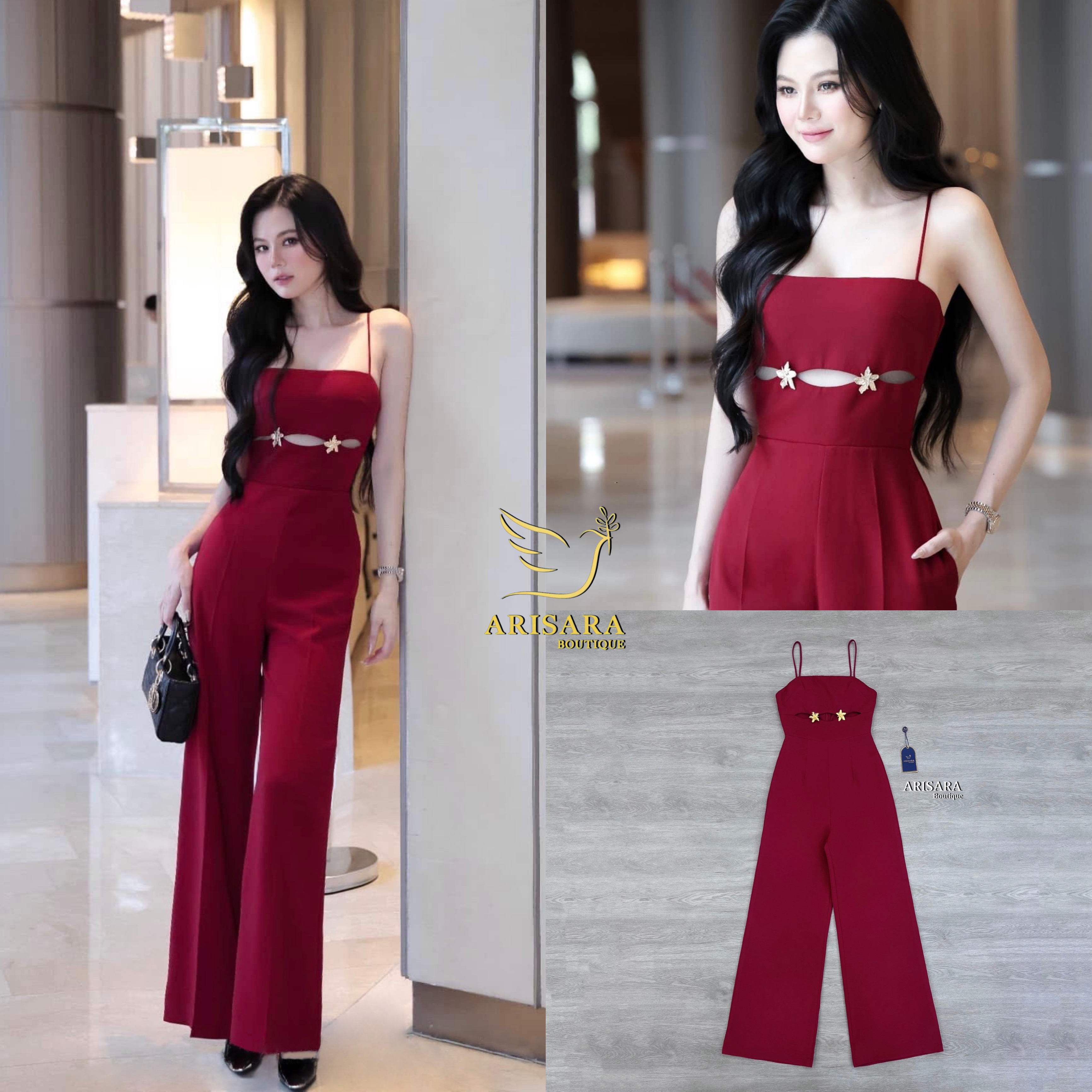 TAG : ARISARA BRAND ( อริศรา ) DETAIL : สวย หรู ดูดี Jumpsuit สีแดงเบอร์กันดี ขับผิวสุดๆ เพิ่มดีเทลด้วยเข็มกลัดดอกไม้สีทอง มีฟองน้ำเสริมทรง ซิปด้านหลัง ซับในทั้งชุด ดูดีสุดๆ ห้ามพลาดเลยค่ะชุดนี้ ❣️