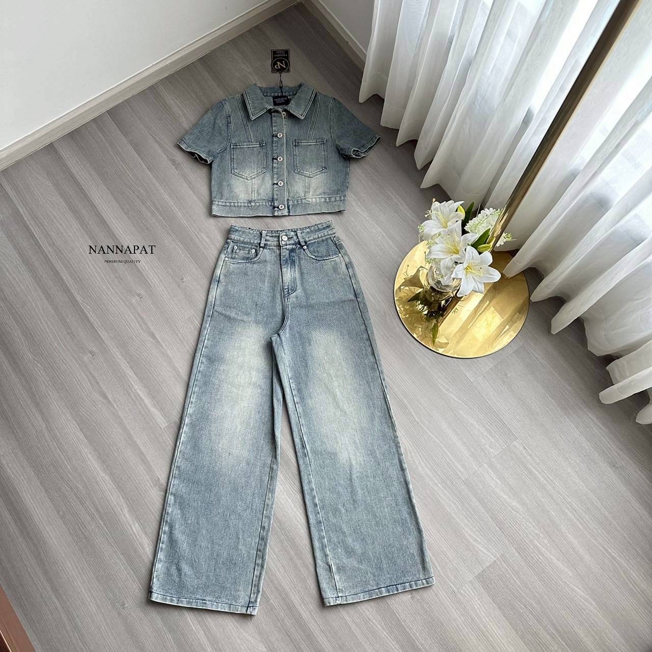 set ยีนส์แท้ฟอกซีดโครตดี เสื้อดีไซน์เก๋ +กางเกงทรงสวยมาก