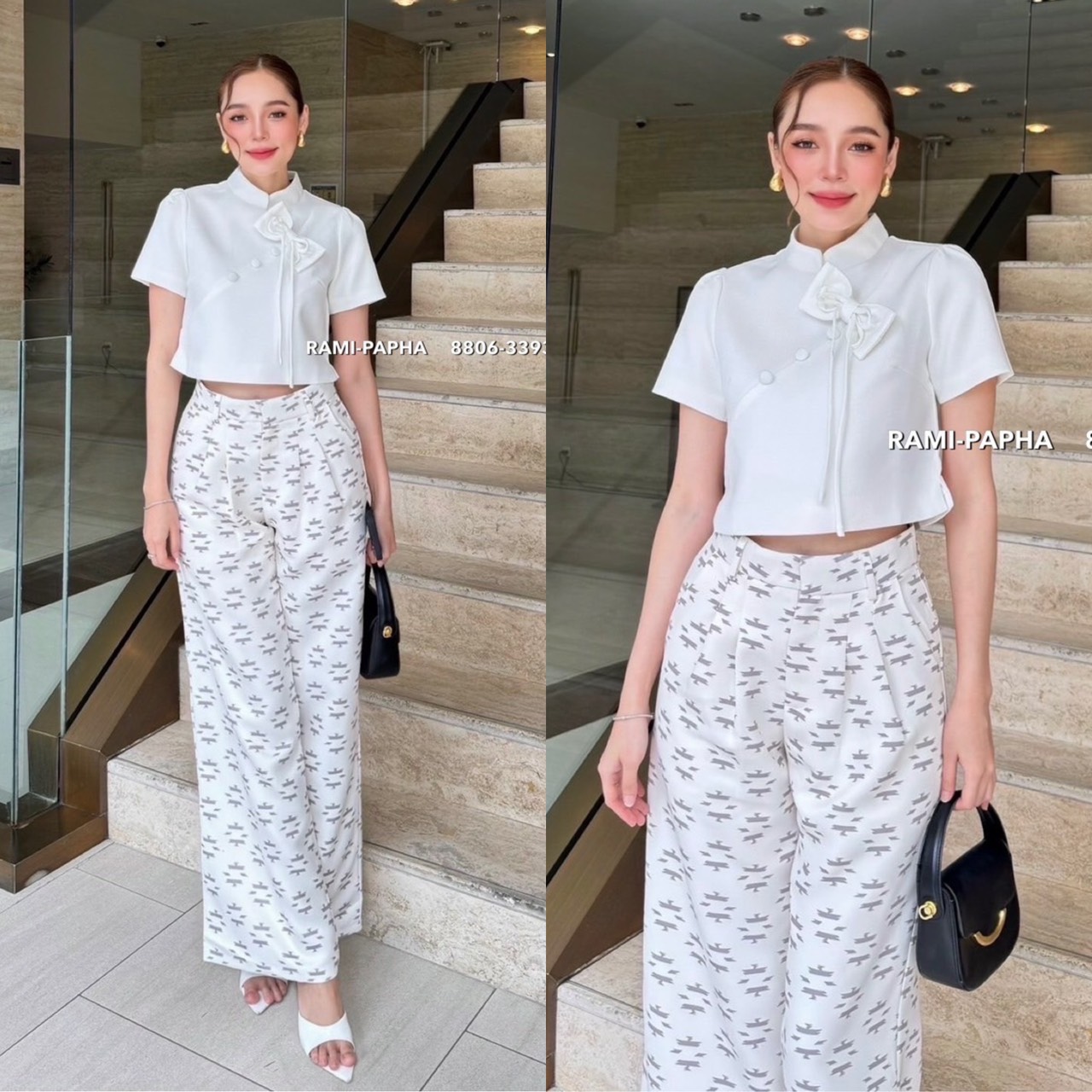 Label :: RAMI-PAPHA(รมิปภา) ชุดเซต2ชิ้น ดีเทลอกแต่งโบว์และกระดัมสวยเก๋ ซับในอย่างดีทั้งตัว ซิปหลัง **เนื้อผ้าหนานิ่มอย่างดี ++กางเกงขายาว ลวดลายสวยเก๋ มีกระเป๋าใช้งานได้จริง ซับในขาสั้น ตะขอและซิปหน้า