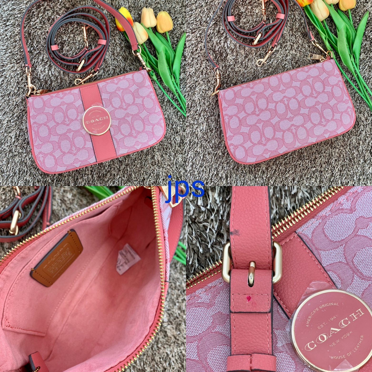 กระเป๋าสะพายไฮโซแบรนด์เนมโค้ชพอชลดราคาสีชมพูหนังแท้ผสมผ้า Coach Bag C8306
