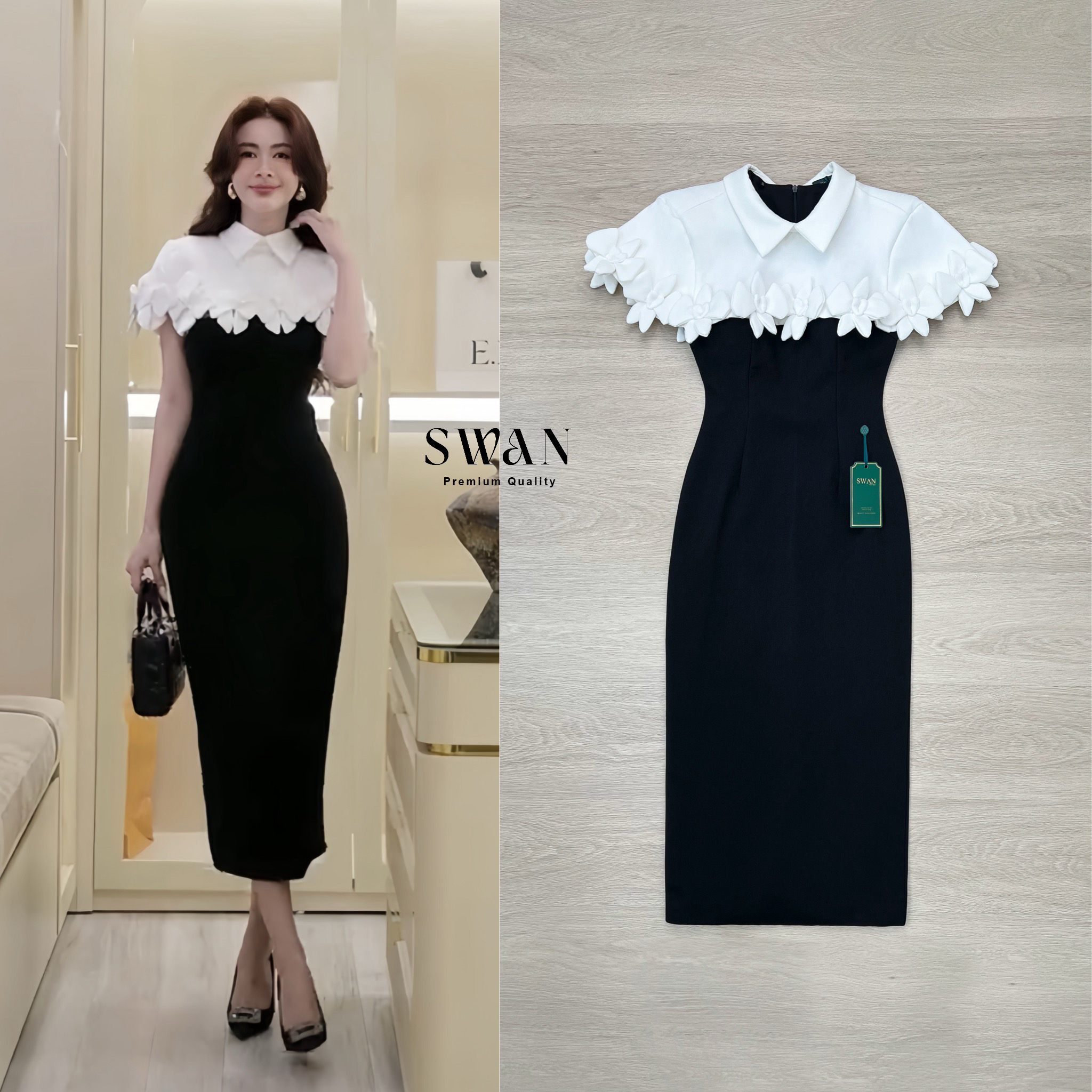 Set 2 ชิ้นสุดหรู เสื้อคลุม+เดรส เสื้อคลุมสีขาวดีเทลกลีบดอกไม้เรียงซ้อน เพิ่มมิติและความหวานอย่างมีระดับ แมตช์กับเดรสดำเข้ารูปทรงเรียบหรู เผยลุคผู้หญิงมีคลาส ดูแพงและสง่างามทุกองศา