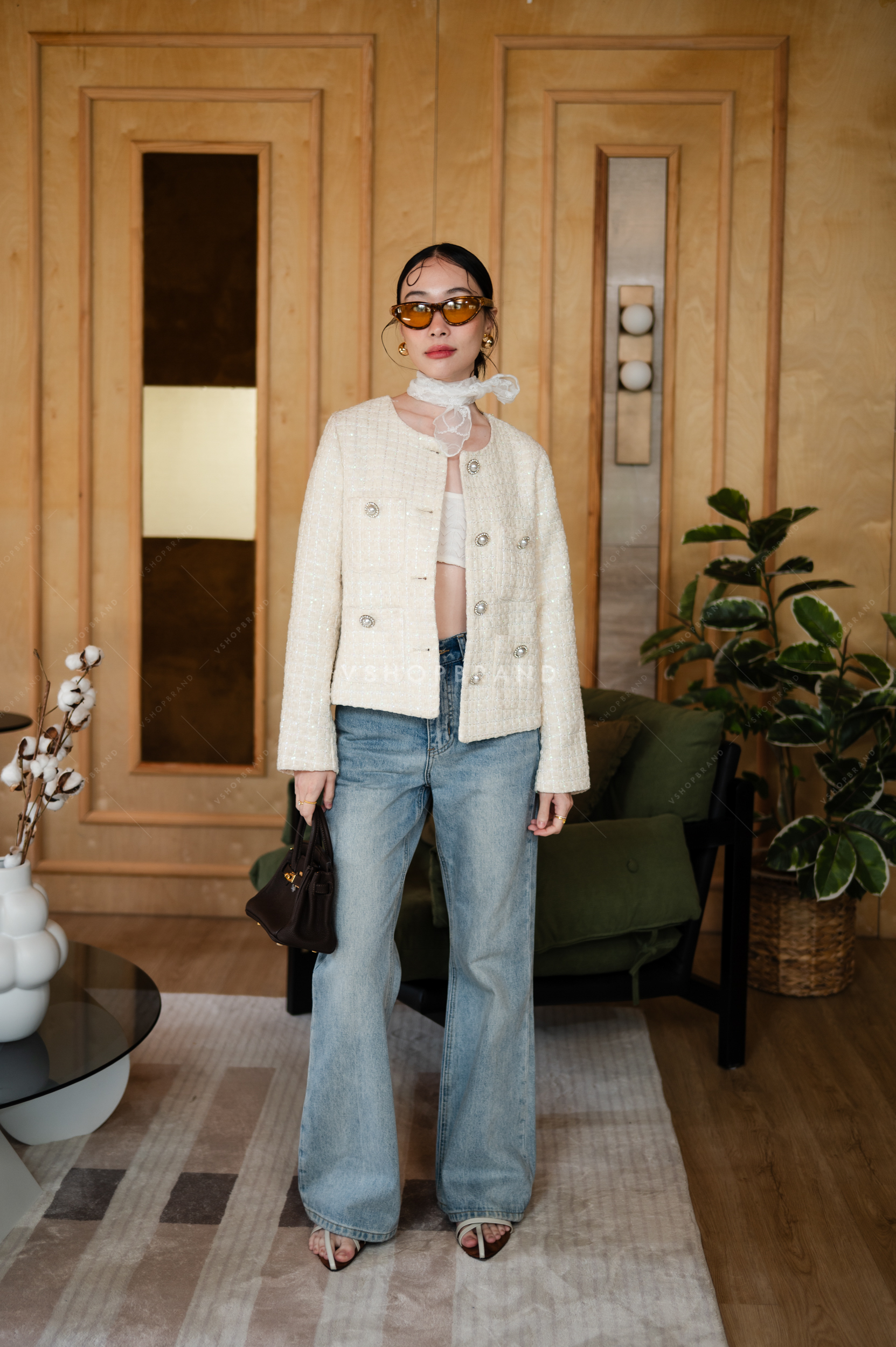 เสื้อคลุมผ้าทวิตทอตารางเลื่อม 4 กระเป๋า