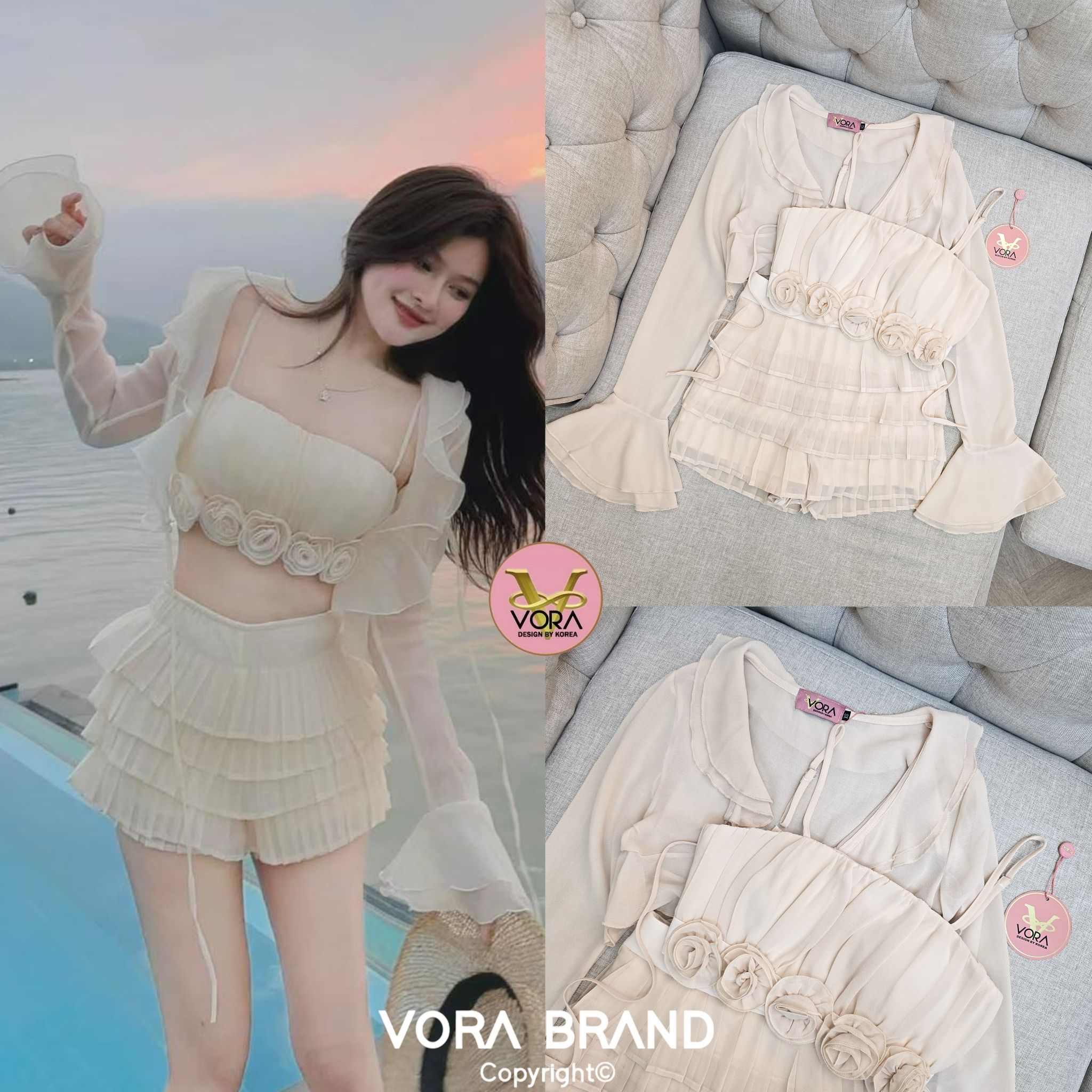 Set 3 ชิ้น เสื้อสายเดี่ยวจับจีบช่วงอกแต่งดอกไม้3D เรียงช่วงชายเสื้อ สายสามารถปรับความยาวได้ค่ะ มีฟองน้ำจัดทรงให้ด้วยค่ะ แมทช์กับเสื้อคลุมแขนยาวตัวสั้นเข้าชุด แต่งปลายแขนบานระบาย2ชั้น ช่วงคอแต่งระบายผ้าผูกเชือก มาพร้อมกางเกงขาสั้นแต่งระบายชั้นอัดลอนทั้งตัว