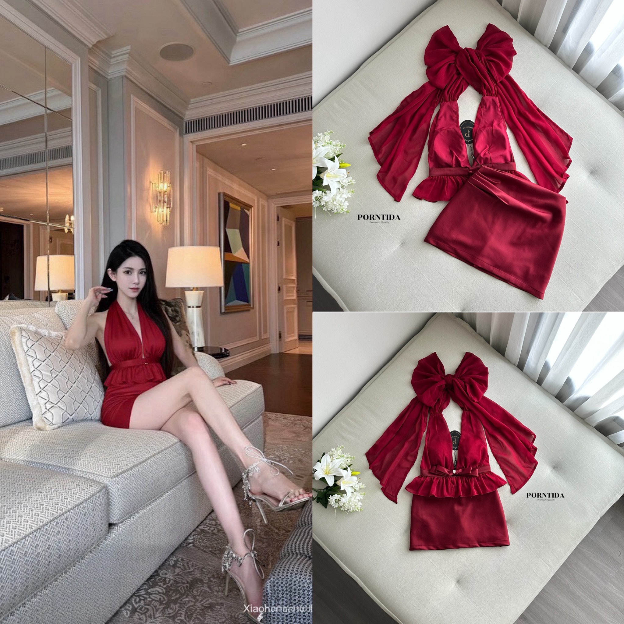 ชุดเซต2 ชิ้นสีแดงไวท์ ชุดเซทผูกคอหน้าอกเสริมฟองน้ำงานโชว์หลังกระโปรงสีแดงซับในกางเกง รุ่นนี้สวยแซ่บหรูมาก ใส่แล้วออราพุ่ง แซ่บบเกินต้าน