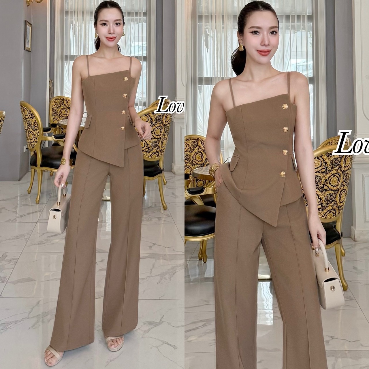 Teg : Lover’s Shop Detail : Set ยีนส์ 2ชิ้น สีน้ำตาล เสื้อ+กางเกง #LoveShop #เซ็ทกางเกงผ้าพื้น