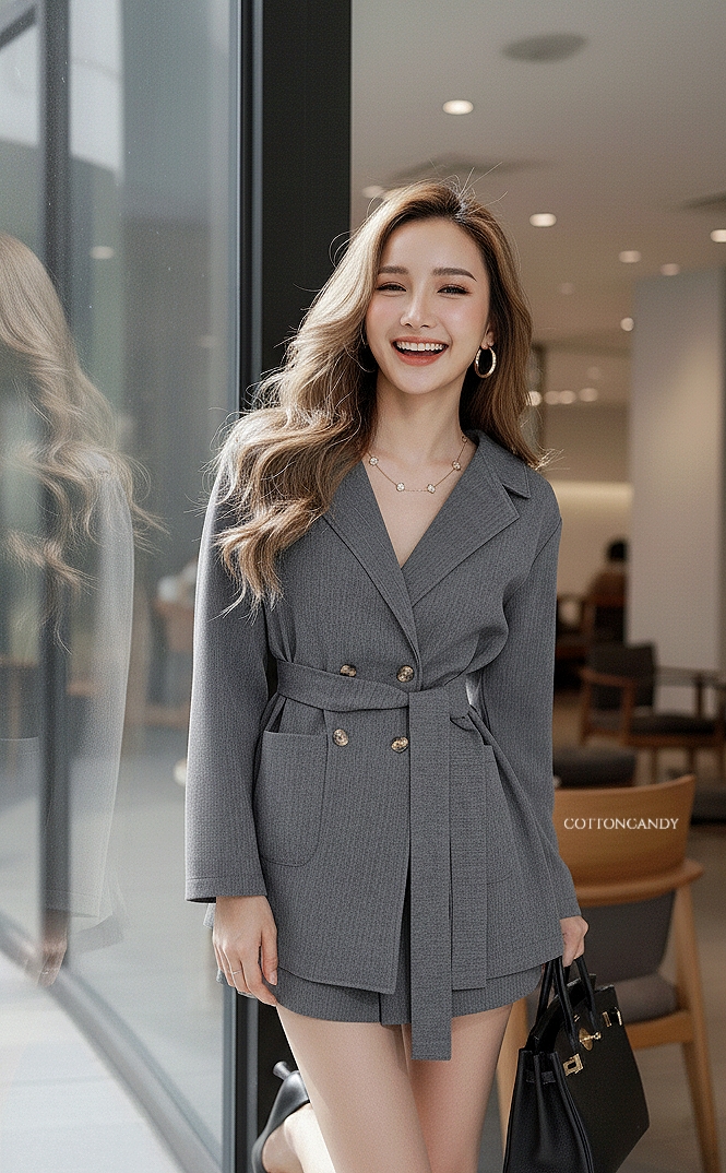 Tag#cottoncandy เซท สไตล์เบลเซอร์ ที่ชิลๆ ผ้าเนื้ดี โทนสีดสวย คุ้มมากๆ มา2ชิ้น พร้อมโบว์ผูกเอว ใส่เป็นเซทหรือจะแยกชิ้นก็ไ