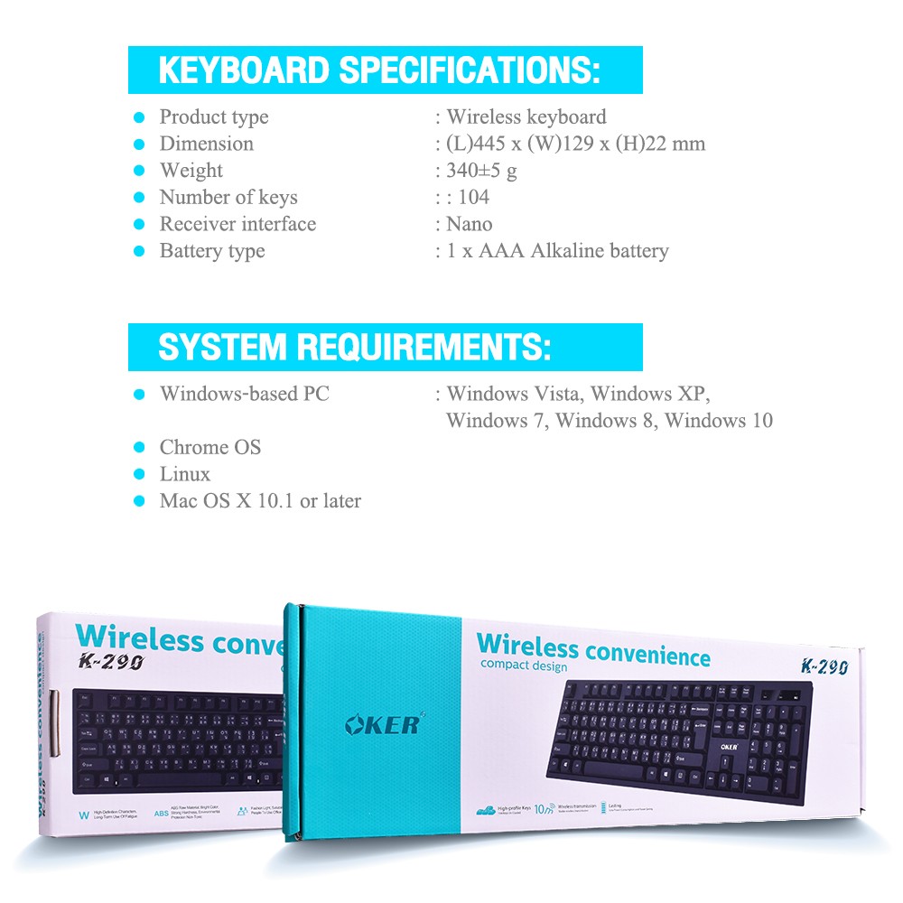 K-290 OKER KEYBOARD 2.4 GHz. wireless KB-UB-OK-K290B
