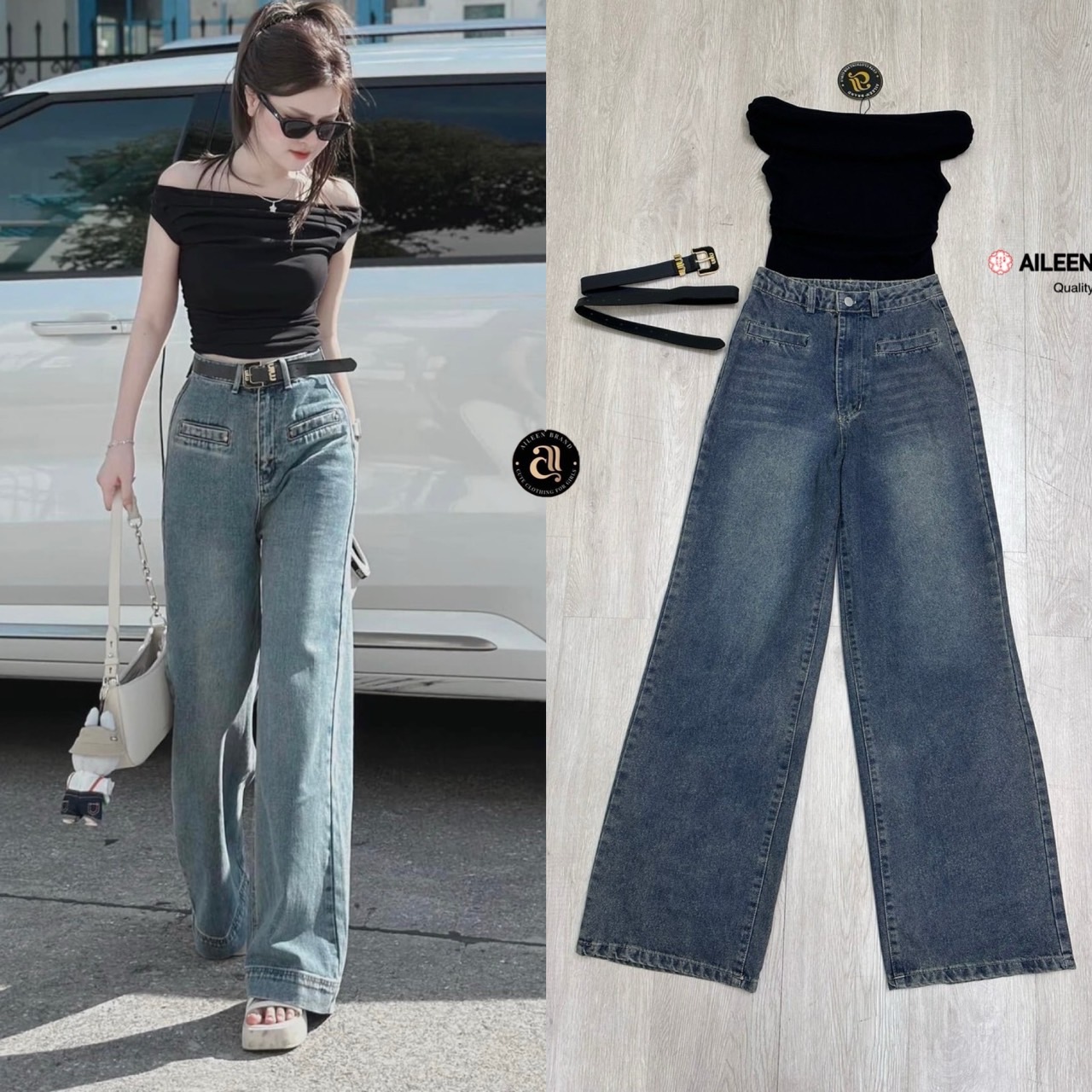 Set 2 ชิ้น เสื้อปาดไหล่เย็บย่นสีดำผ้านิ่มไม่บาง ทรงเข้ารูปพอดีตัว ตัวเสื้อยาวถึงช่วงเอว ( ไม่เสริมฟองน้ำ ไม่มีซิปหลัง ) มาพร้อมกับกางเกงยีนส์ทรงกระบอกใหญ่ กระดุมและซิปหน้า ฟอกสีนิดๆ และยังมีเข็มขัดหนัฃสีดำหัวเข็มขัดทองให้อีกเส้น สวยมากๆค่ะ