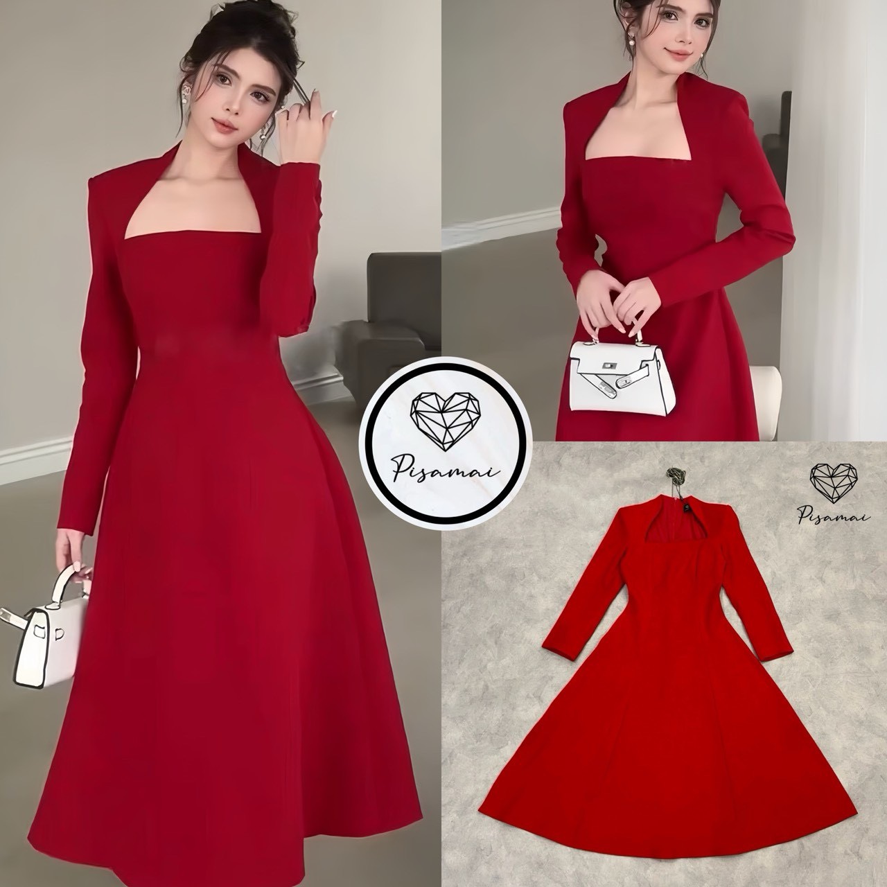 เดรสตัวยาวแขนยาวสีแดง ช่วงคอดีไซน์ตัดคอเหลี่ยม มาในทรงกระโปรงบานยาว ดีไซน์สวย หรู old money ดูแกรมมากๆค่า ต้องมีเลยค่า