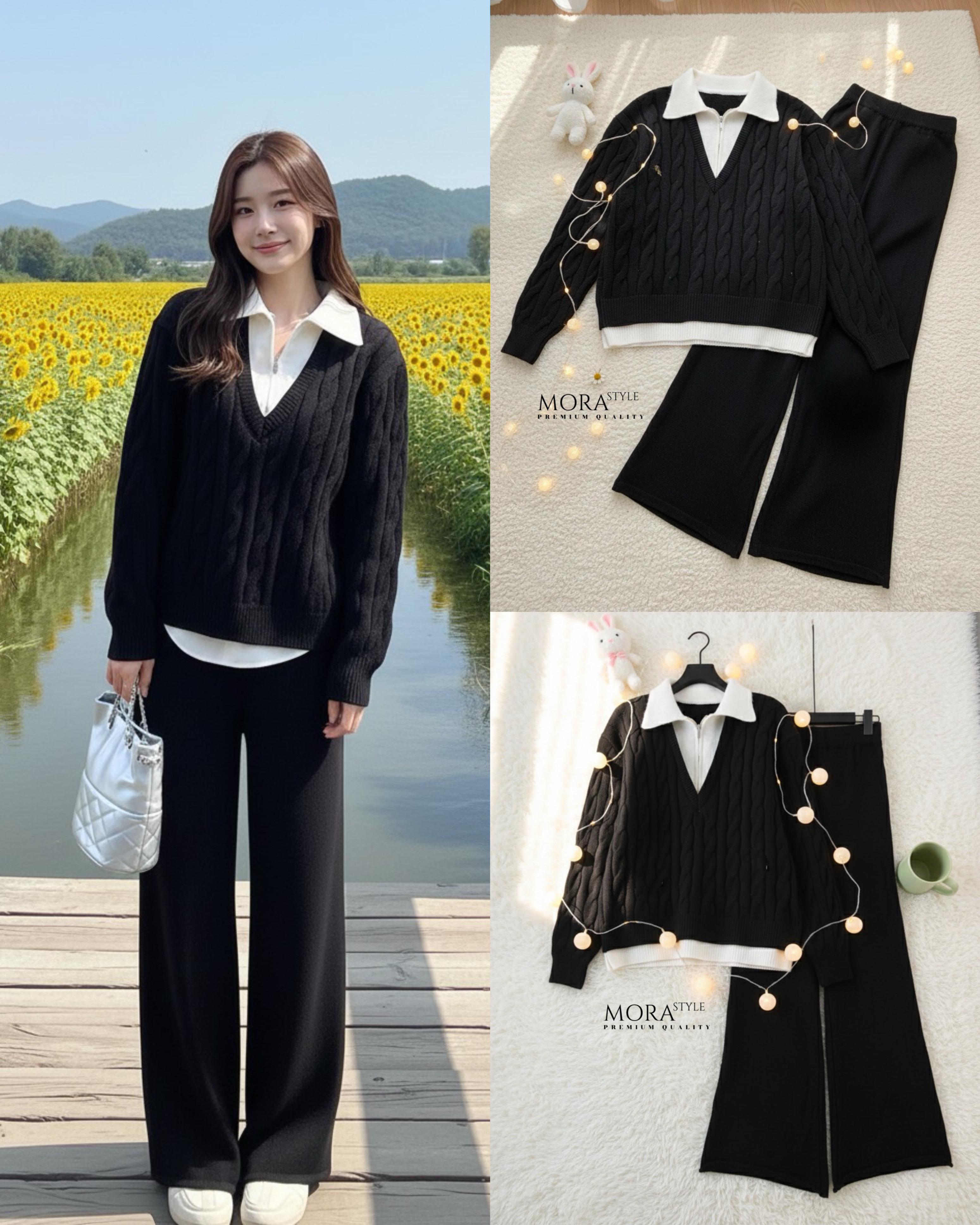 เซ็ท 2 ชิ้น เสื้อแขนยาวทรงโอเวอร์ไซด์ ตัดต่อคอปกและชายเสื้อเป็นทูโทน มาพร้อมกับกางเกงขายาวผ้ายืดหยุ่นใส่สบาย ใส่แมทช์เซ็ตน่ารักมากค่าา