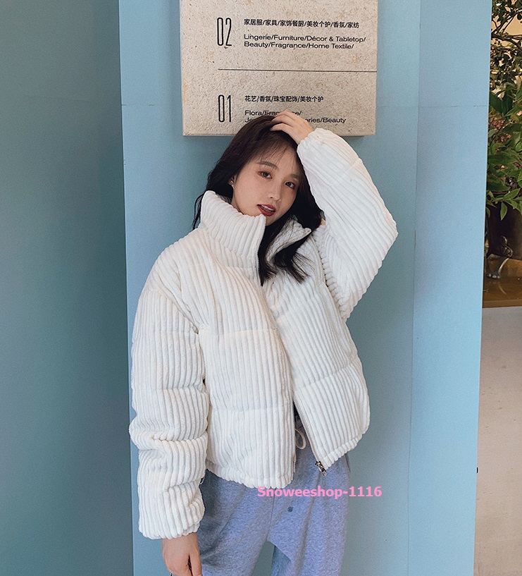 แจ็คเก็ตกันหนาวสไตล์เกาหลี แนวออนนี่บุนวมปกคอสูงผ้าฝ้ายกำมะหยี่ลูกฟูก ปกคอสูงชายเสื้อมีสายปรับได้ใส่ติดลบ มี 6 สี