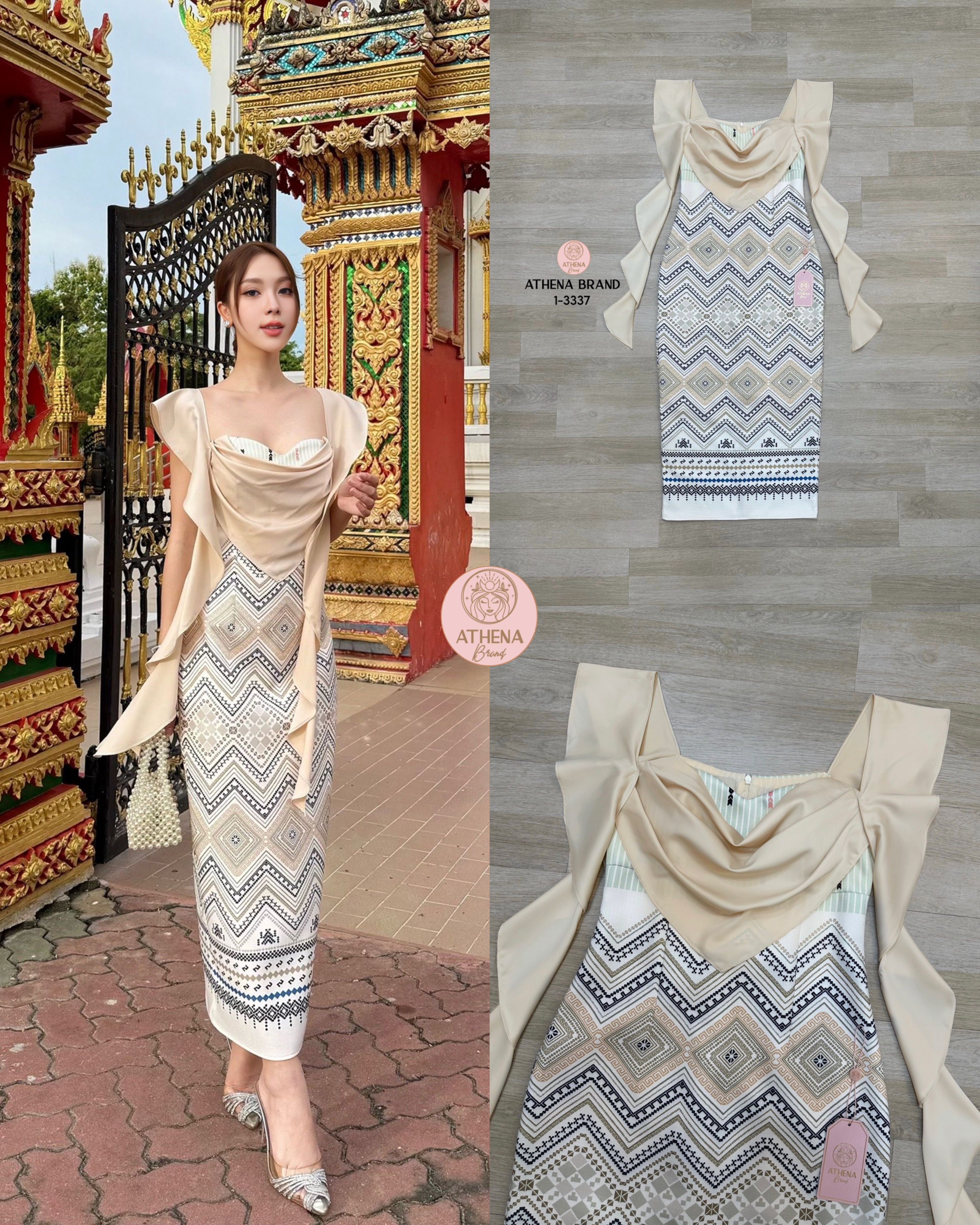 Maxi Dress พิมพ์ลายดีไซน์ตัดต่อผ้าแต่งระบาย หน้าอกเสริมฟองน้ำจัดทรงสวย ชายกระโปรงด้านหลังผ่า เนื้อผ้าดี๊ดีมีTexture งานมีซับใน สวมใส่แบบซิปด้านหลัง สอดแทรกดีเทลความสวยหวานและความเรียบหรูได้ลงตัวเป๊ะ งดงามอย่างกุลสตรีไทยค่า #Athenabrand #ป้ายAthena #เสื้อผ