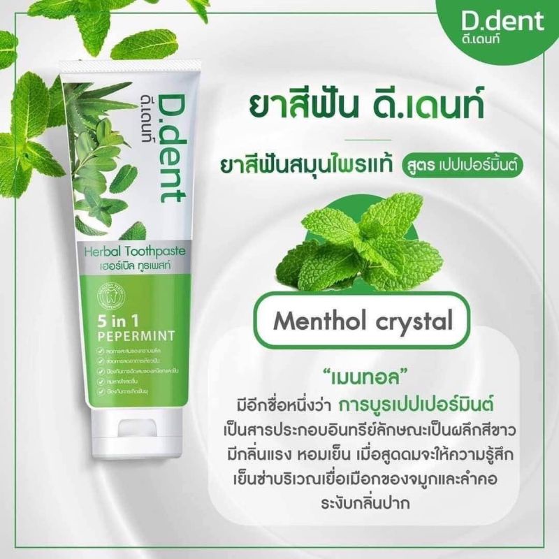 ยาสีฟันดีเดนท์ D.dent 1แถม1 ยาสีฟันสมุนไพร9ชนิด มีฟลูออไรด์ 1500ppm. สูตรเปปเปอร์มิ้นต์ ลดกลิ่นปาก ป้องกันฟันผุ เสียวฟัน