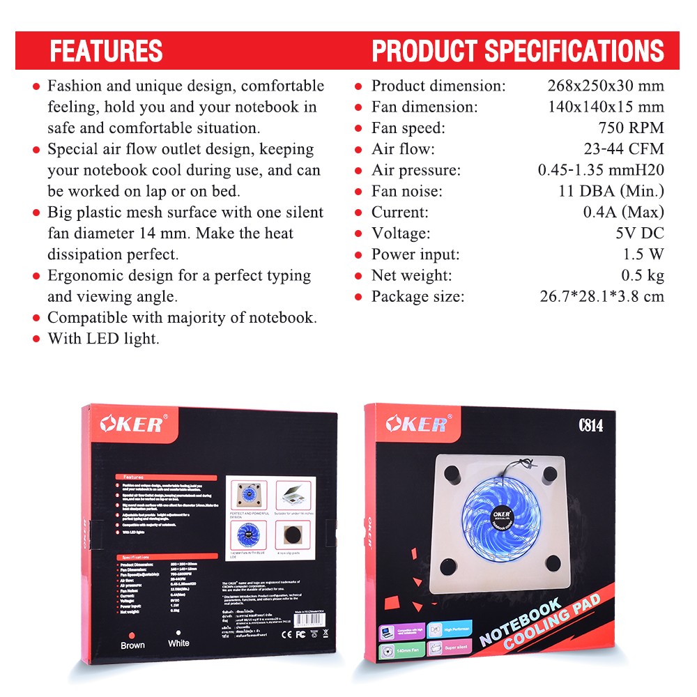C814 OKER NOTEBOOK COOLING PAD มีไฟ SKU-02325
