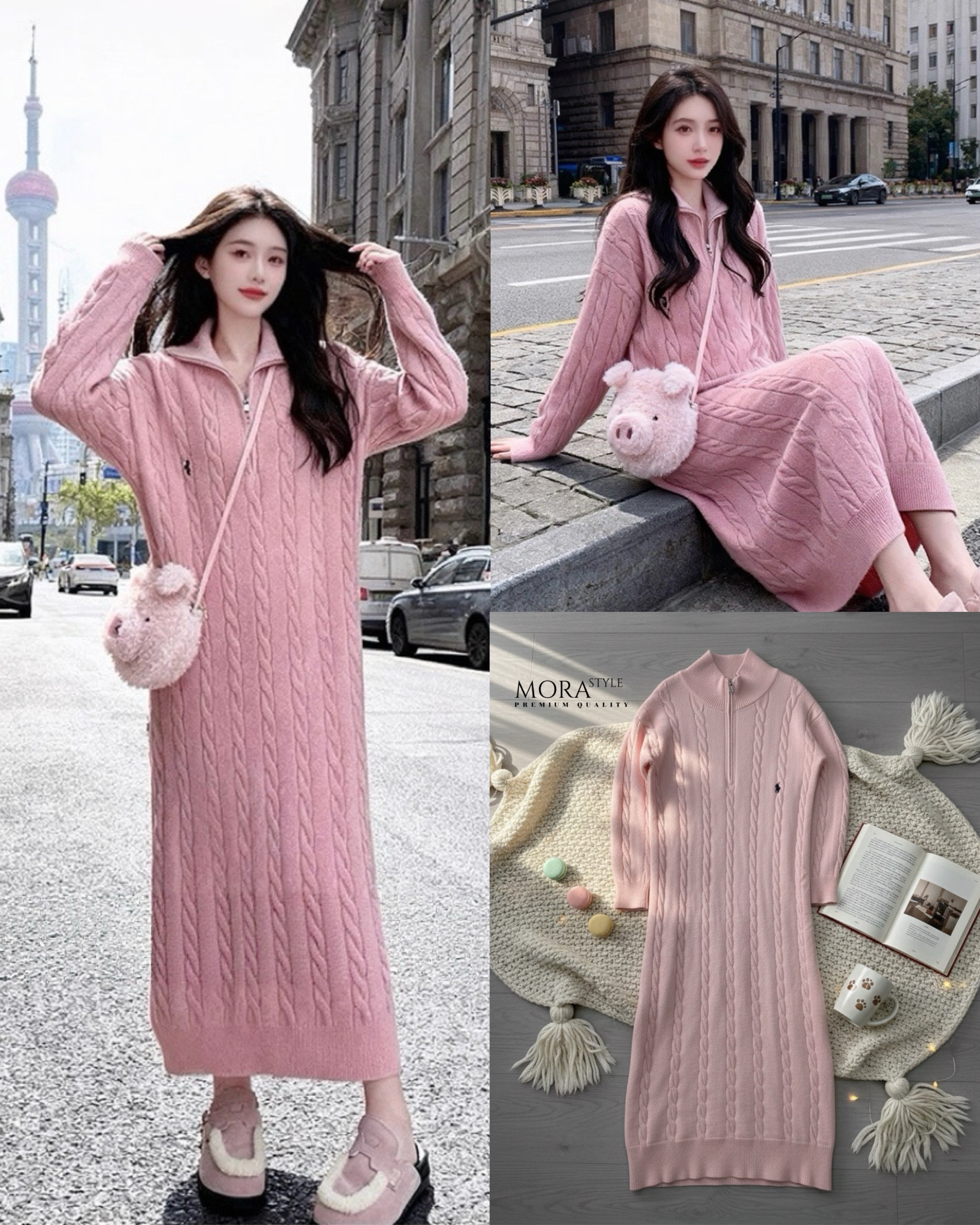 เดรสไหมพรหมแขนยาว คอเต่า เนื้อผ้านุ่มใส่สบาย ปักโลโก้ด้านหน้า มีซิปรูด เป็นอีกหนึ่งคอลเลคชั่นแนะนำสำหรับหนาวนี้เลยค่าา