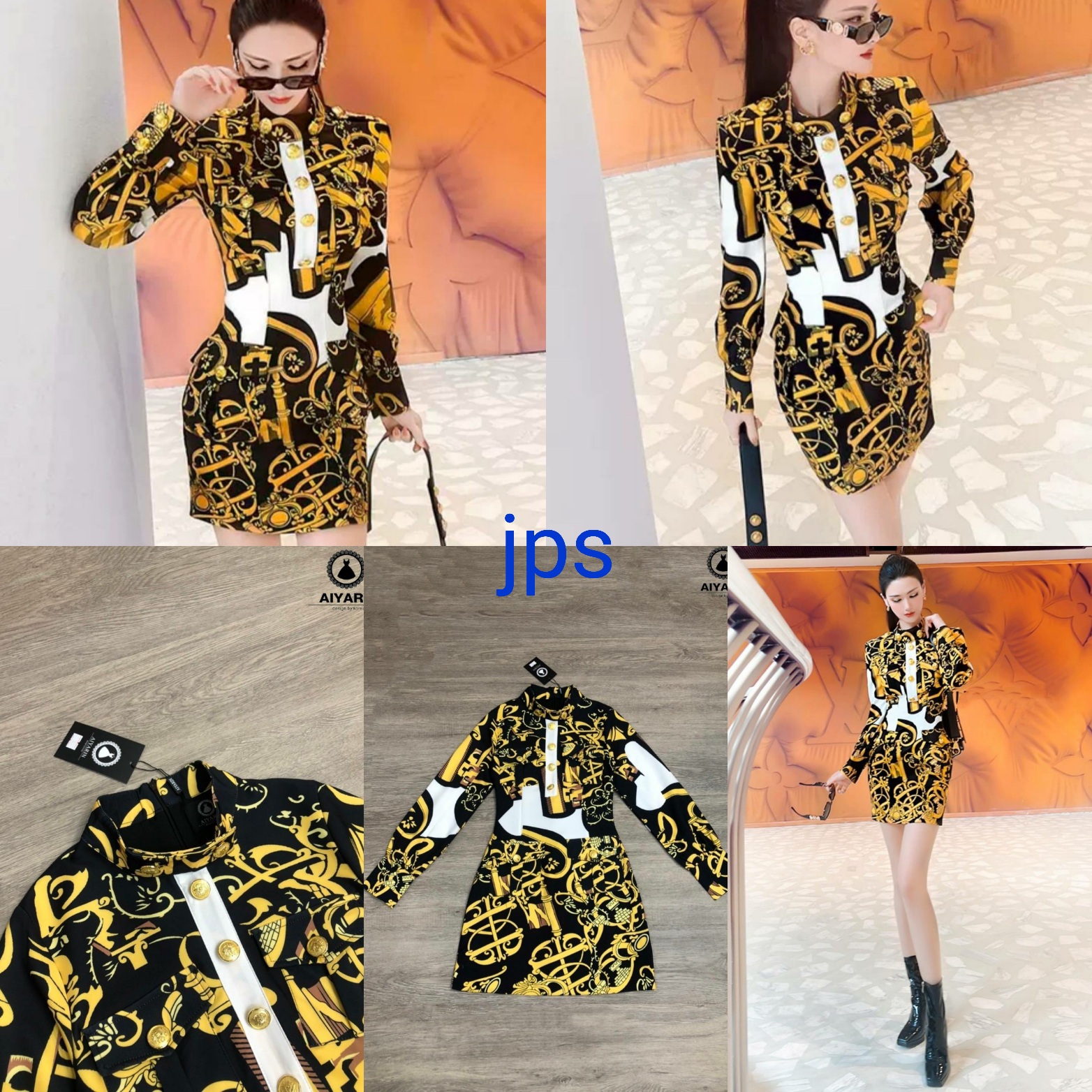 เดรสงานป้าย Aiyarin ไฮโซเรียบหรูดูแพงสีดำเหลืองลายเวอซาเช่ Versace ใส่ทำงาน ออกงาน ใส่เที่ยว Size L