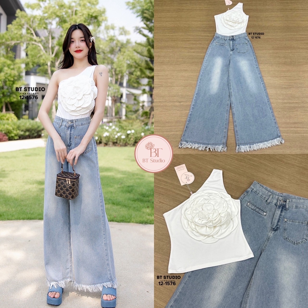เซท 2 ชิ้น เสื้อไหล่เดี่ยวดีเทลแต่งดอกไม้ 3D สุดอลัง ใหญ่มากตอกย้ำความเริ่ส แมทซ์กับกางเกงยีนส์เอวสูงฟอกสีอ่อนกระเป๋าหน้าใช้งานได้จริง ปลายชายแต่งชายพู่ ๆ งานสวยแมทซ์กันเริ่ส ใส่ได้เป๊ะมากกก #เซทยีนส์ #เสื้อดอกไม้ #ใส่ได้ทุกวัน #งานป้ายบีที #btstudio