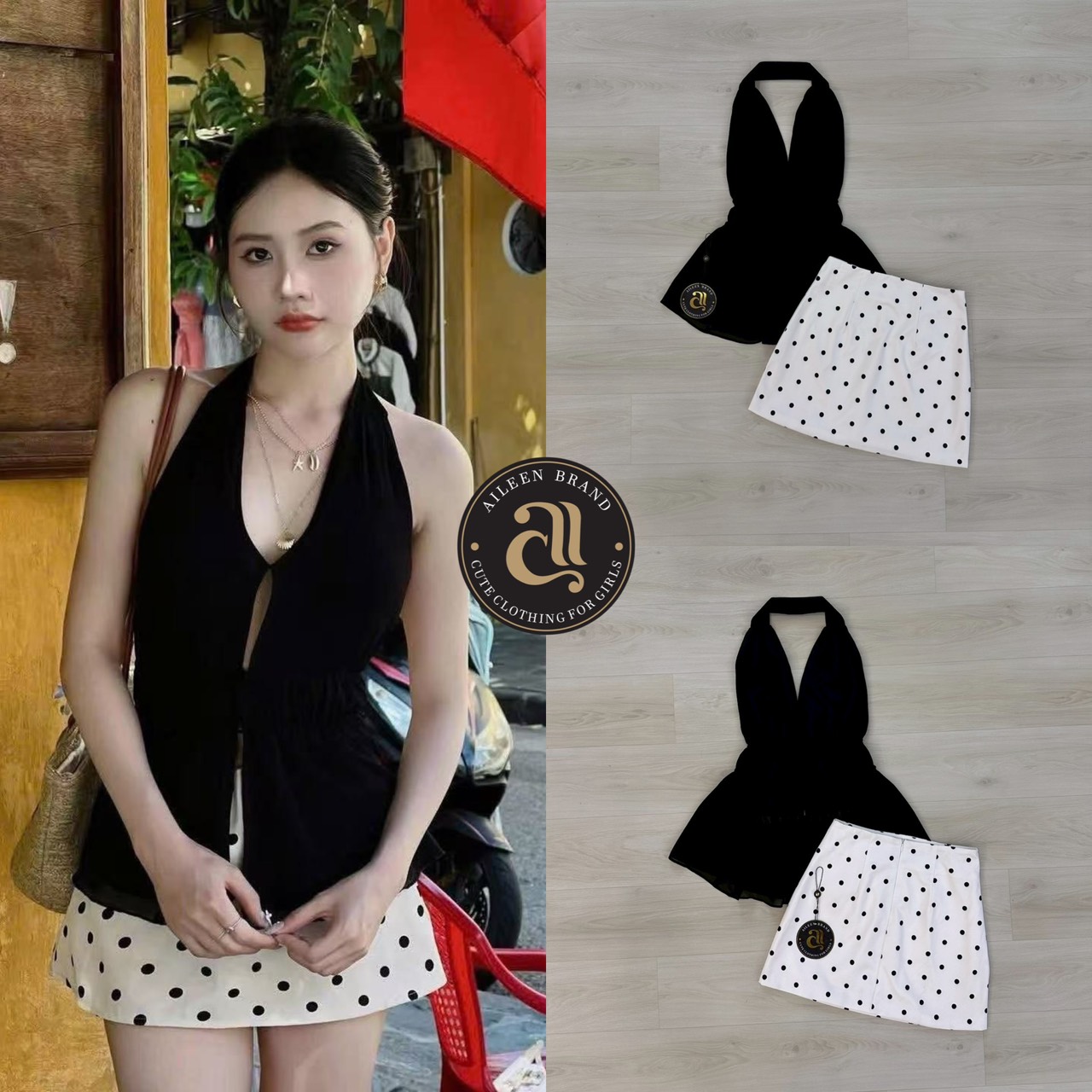 Set.2 ชิ้น เสื้อ+กระโปรง เสื้อคล้องคอสีดำคอวีลึกเนื้อผ้าชีฟอง ด้านหน้าและหลังผูกเชือก (ขอบด้านหลังมีสม๊อก) ชายเสื้อบานเล็กน้อย สายด้านหลังสามารถปรับรูดสายผูกเองได้ ใส่แล้วเซ็กซี่ มาพร้อมกระโปรงเอวสูงทรงเอลายจุด ซิปหลัง มีซับใน