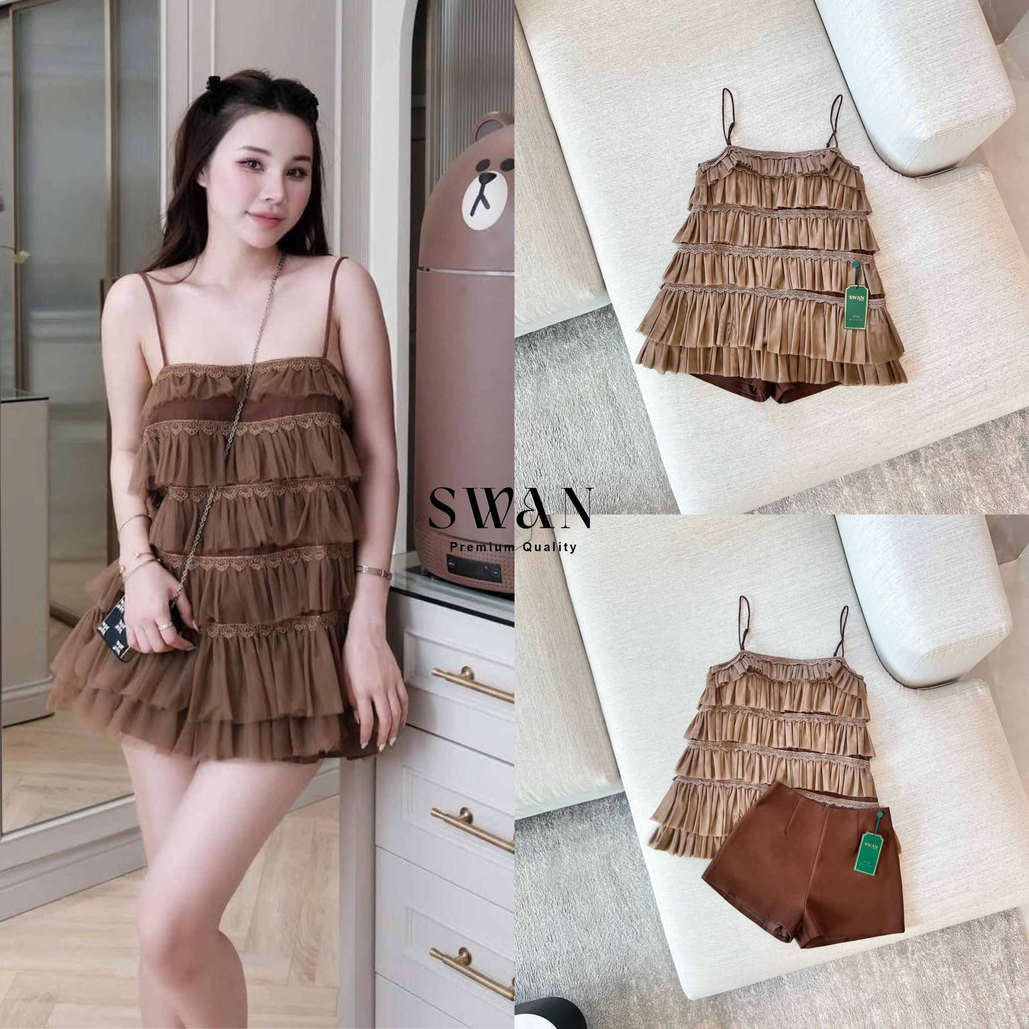 Set เดรส+กางเกงขาสั้น เดรสสายเดี่ยวผ้าทูลล์โทนน้ำตาลคาราเมล ดีไซน์ระบายหลายชั้นแต่งลูกไม้ขอบละเอียดทุกชั้นช่วยเพิ่มเลเยอร์และมิติให้ลุคดูฟูพริ้วหวานละมุน โทนสีอบอุ่นช่วยขับผิวให้ดูสว่างละมุน +กางเกงขาสั้นผ้าพื้นใน ใส่ไม่ต้องกลัวโป๊ เหมาะสำหรับลุควันสบายๆ