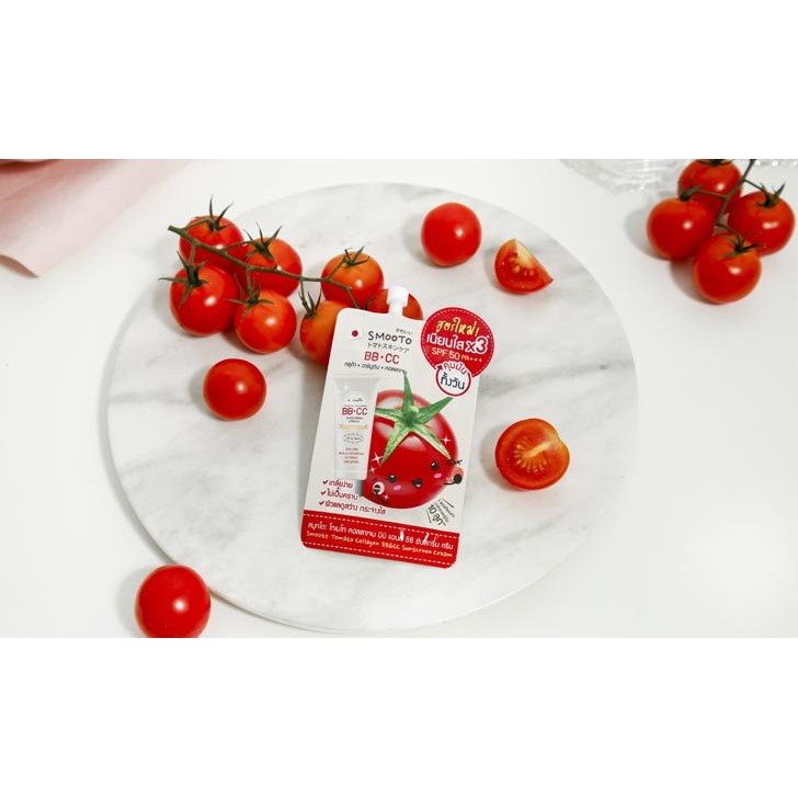 (6 ซอง/กล่อง) สูตรใหม่ Smooto Tomato Collagen BB&CC Creaml สูตรใหม่ สมูทโตะ โทเมโท่ คอลลาเจน บีบี & ซีซี ครีม