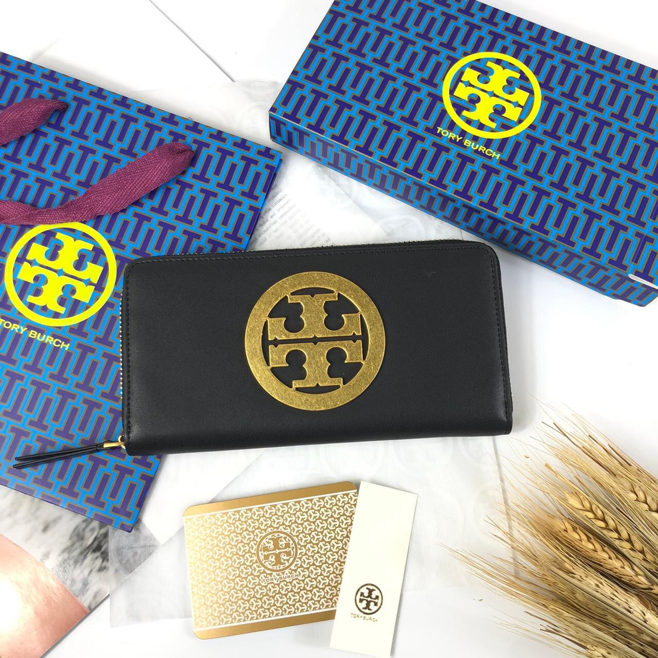 กระเป๋าสตางค์ใบยาวซิปรอบแบรนด์เนมโทรี่เบิร์ชสีดำทอง Tory Burch Wallet