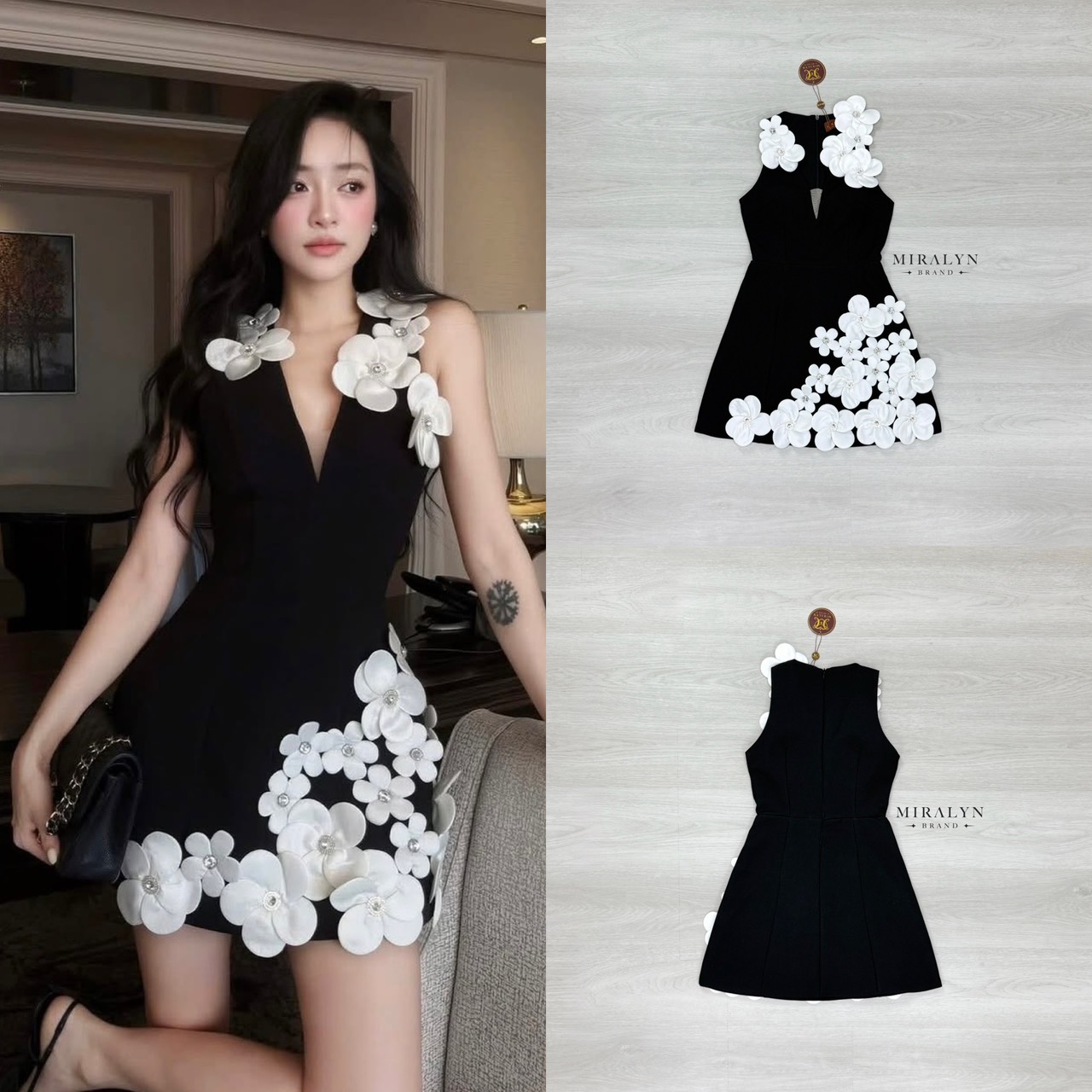 เดรสสีดำแขนกุดคอวีแต่งดีเทลด้วยดอกไม้เพชรสีขาวดอกเล็กใหญ่สลับกันที่บ่ากระโปรงสวยหรูมาก ช่วงอกมีฟองน้ำเสริมทรงดีเทลชุดเข้ารูปช่วงปลายบานเล็กน้อยงานผ้าดีมีซับและซิปด้านหลัง