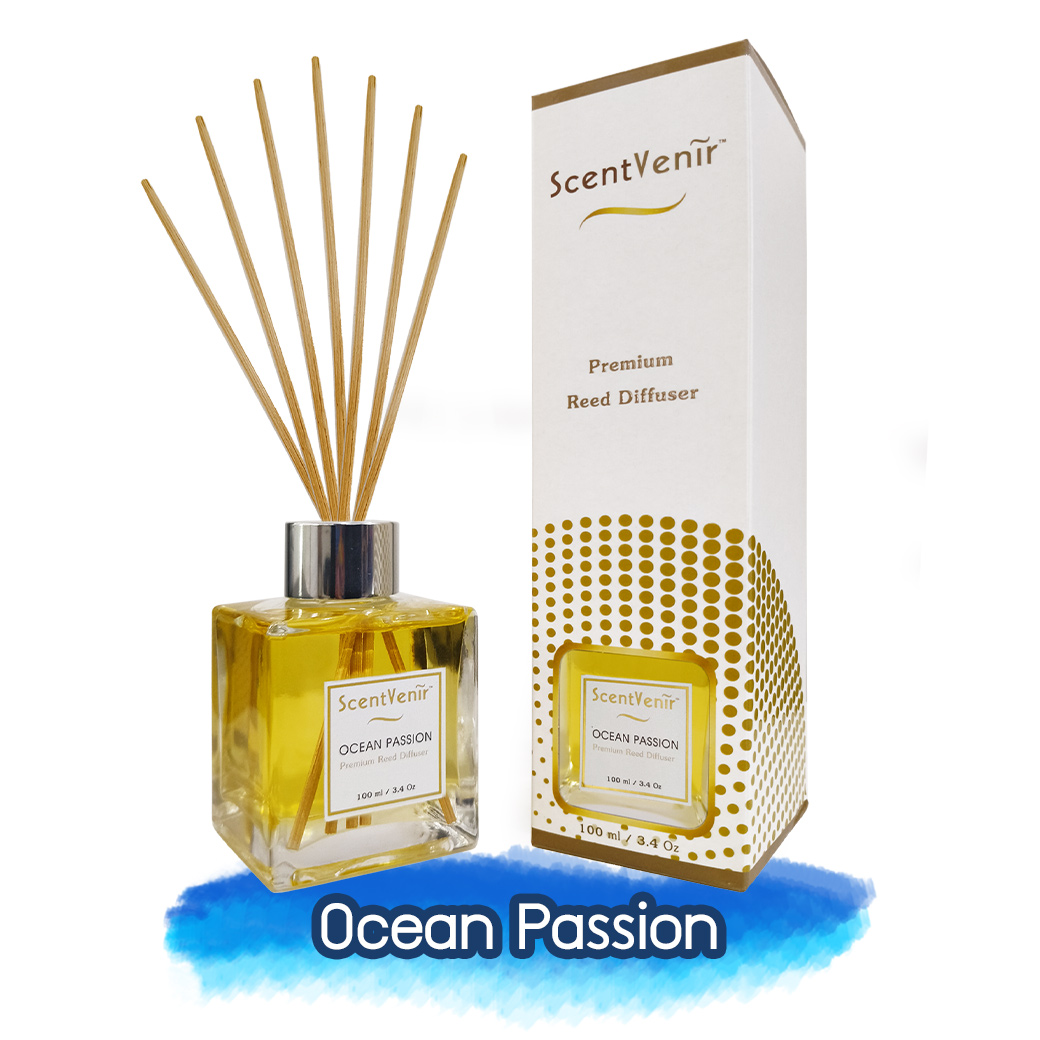 ScentVenir OCEAN PASSION Scent Diffuser น้ำหอมกระจายกลิ่น น้ำหอมปรับอากาศ ไม้หวาย ก้านไม้ ก้านหวาย ก้านไม้หอม กลิ่นโอเชี่ยน แพชชั่น สัมผัสกับกลิ่นแห่งท้องทะเล หอมสะอาดสดชื่น, เย็นสบาย อโรม่า สูตรน้ำมันหอมระเหยแท้กับหัวน้ำหอมเกรดสูง ขนาด 100ml ใช้นาน 5 เดื