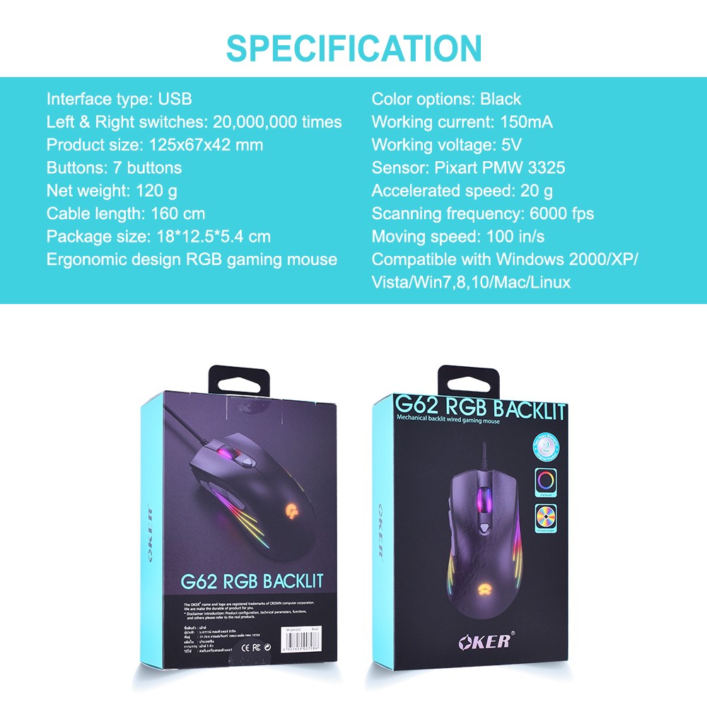 OKER G62 MOUSE MACRO USB 7200DPI ESPORTS GAMING RGB MECHANICAL SKU-02953