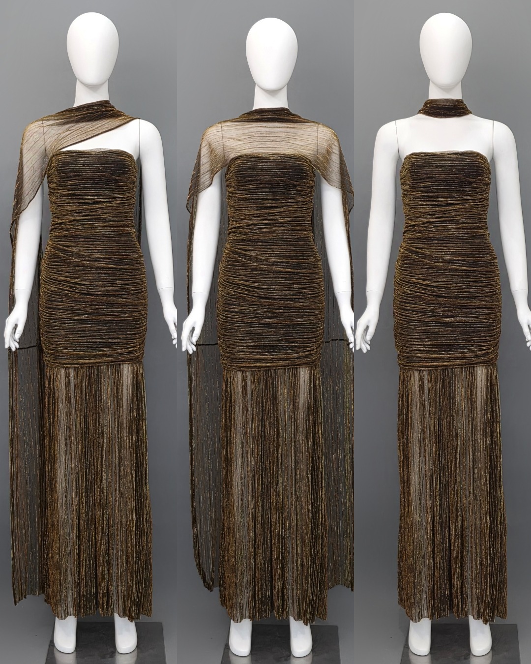 Label : LUXE ☑️เดรสเสื้อเกาะอกทรงเข้ารูป กระโปรงต่อชายระบาย ผ่าหน้า มาพร้อมผ้า mmคลุมไหล่ ปรับเป็นผ้าพันคอได้ ☑️ทำจากผ้าราเม่อัดพลีท ผสมดิ้นเมทัลลิก เล่นแสงวิบวับ ผ้านุ่ม ยืดหยุ่น ☑️มีซิปซ่อนและซับในอย่างดี